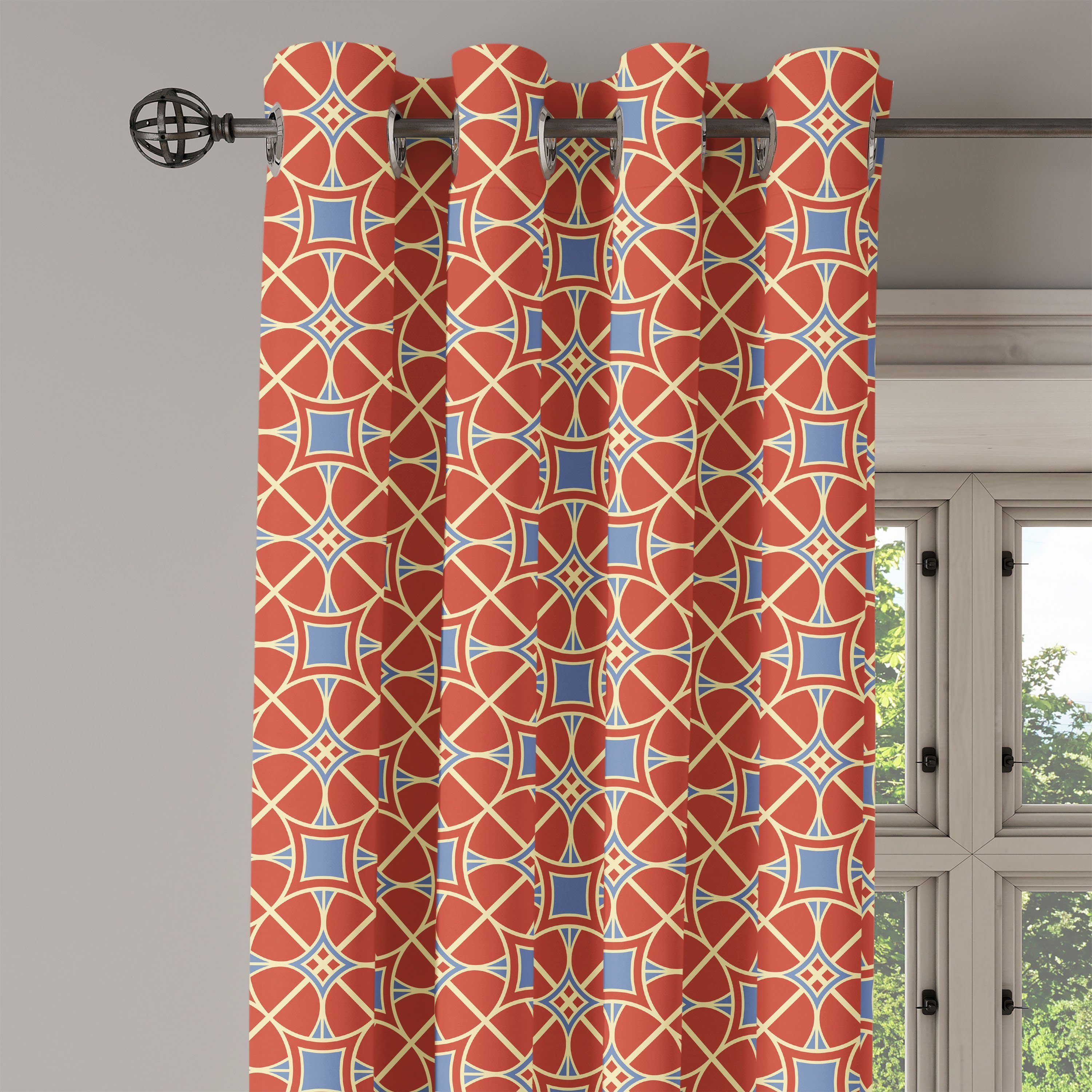 Gardine Dekorative 2-Panel-Fenstervorhänge für Schlafzimmer asiatisch Abakuhaus, Wohnzimmer, Kreise Linien Kurvige Tile