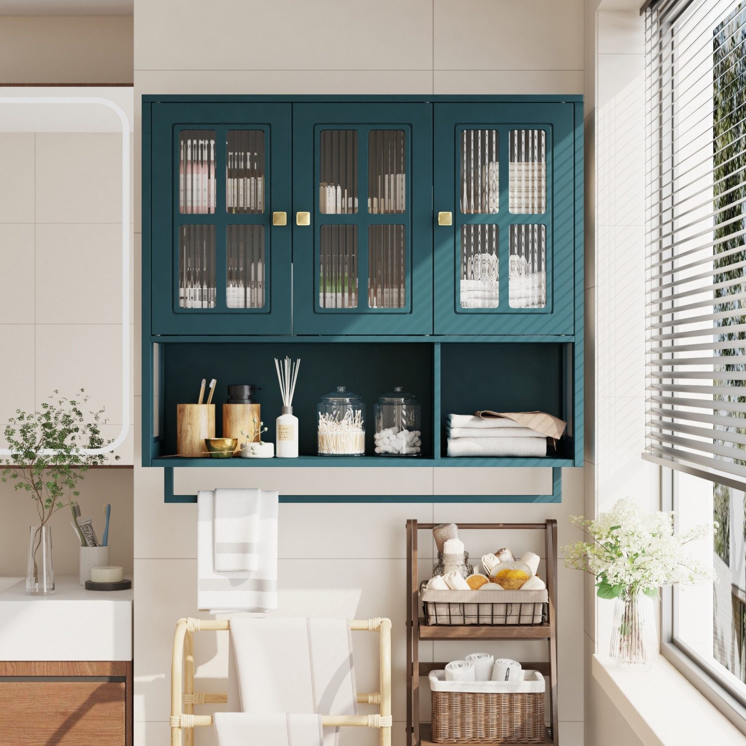 ANYSUN Hängeschrank Wandschrank mit Türen,Stauraum,Bad-Hängeschrank mit Handtuchhalter (1-St., Einzelstück) mit herausnehmbaren Einlegeböden,88 × 26 × 82,5 cm,10 kg Tragfähigkeit