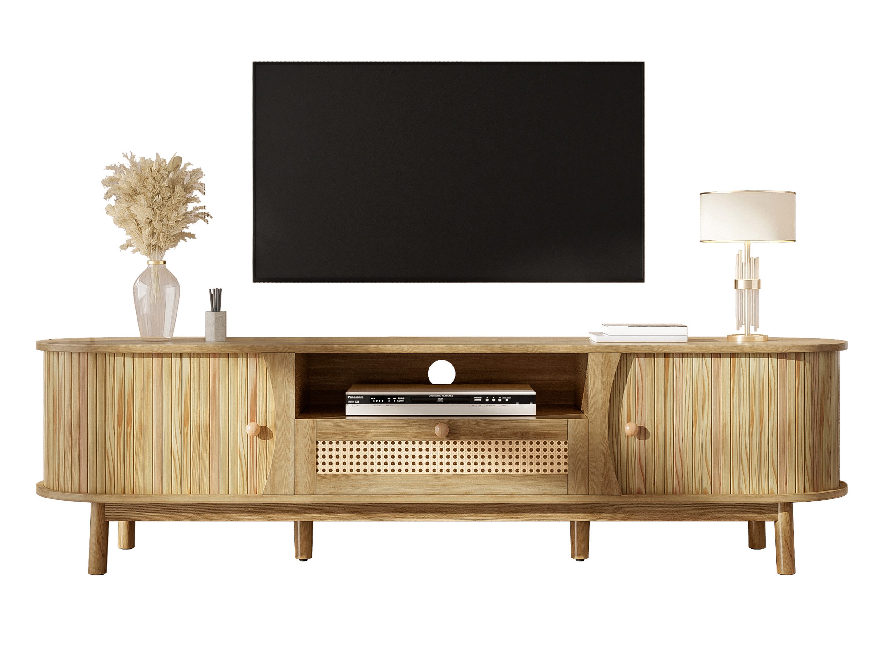 SeedWave Lowboard Ovaler TV-Schrank mit Massivholzfüßen, 1 Schublade in Rattanoptik, Fernsehtisch inkl. Offene- & geschlossene Fächer, Kabeldurchführung