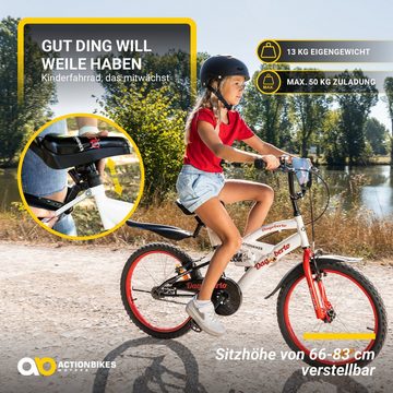 Actionbikes Motors Kinderfahrrad Kinder Fahrrad Dagoberto - rot / weiß / schwarz, 1 Gang, ohne Schaltung, (20 Zoll, ab 115 cm Körpergröße, max. Zuladung 50kg, Kettenschutz, Reflektoren, Luftbereifung, Schutzbleche, 1-tlg., V-Brake-Bremsen, Antirutschgriffe, Heckfederung, Fahrradständer), höhenverstellbares Bike Jungen Mädchen Kinderrad ab 6 Jahre