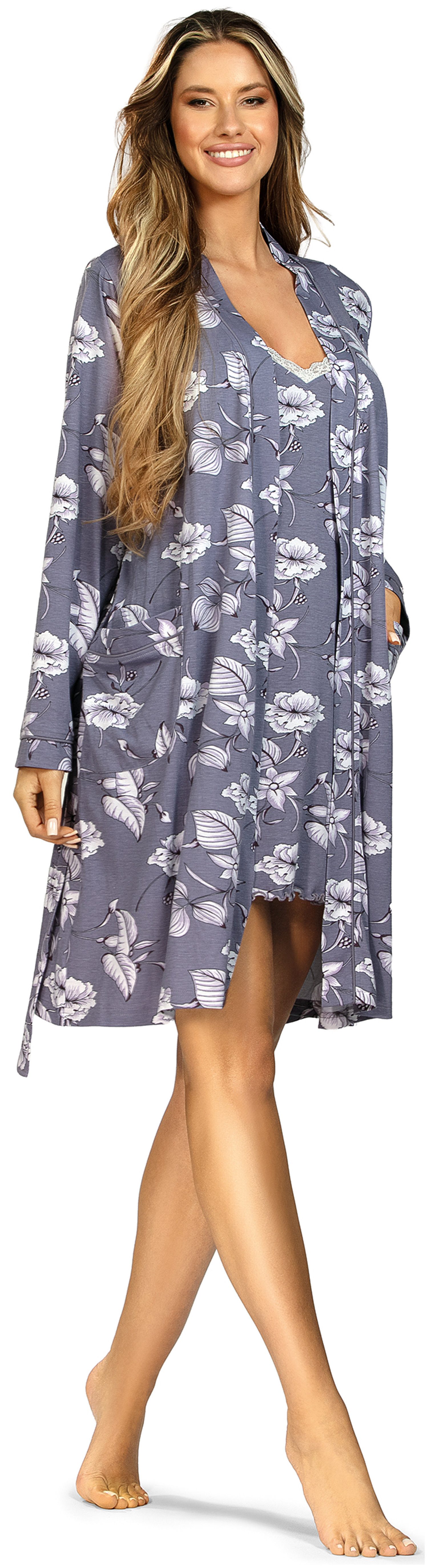 Ascafa Kimono Damen Morgenmantel Blumen, Midi, Baumwollmischung, Kimonokragen, Gürtel, Edles Design – Bild 2 von 2