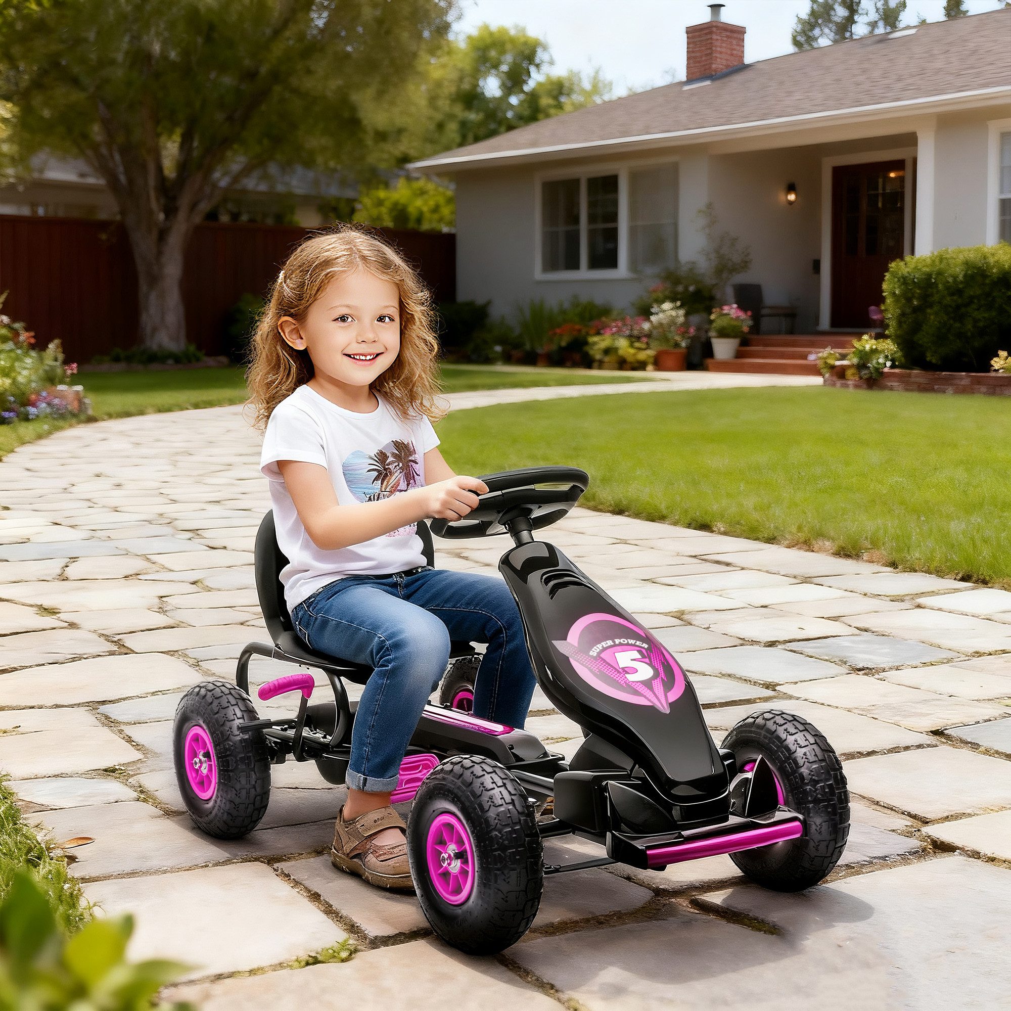 HOMCOM Go-Kart Kinderfahrzeug mit verstellbarem Sitz, Tretfahrzeug, für Garten, Balkon, Rosa+Schwarz