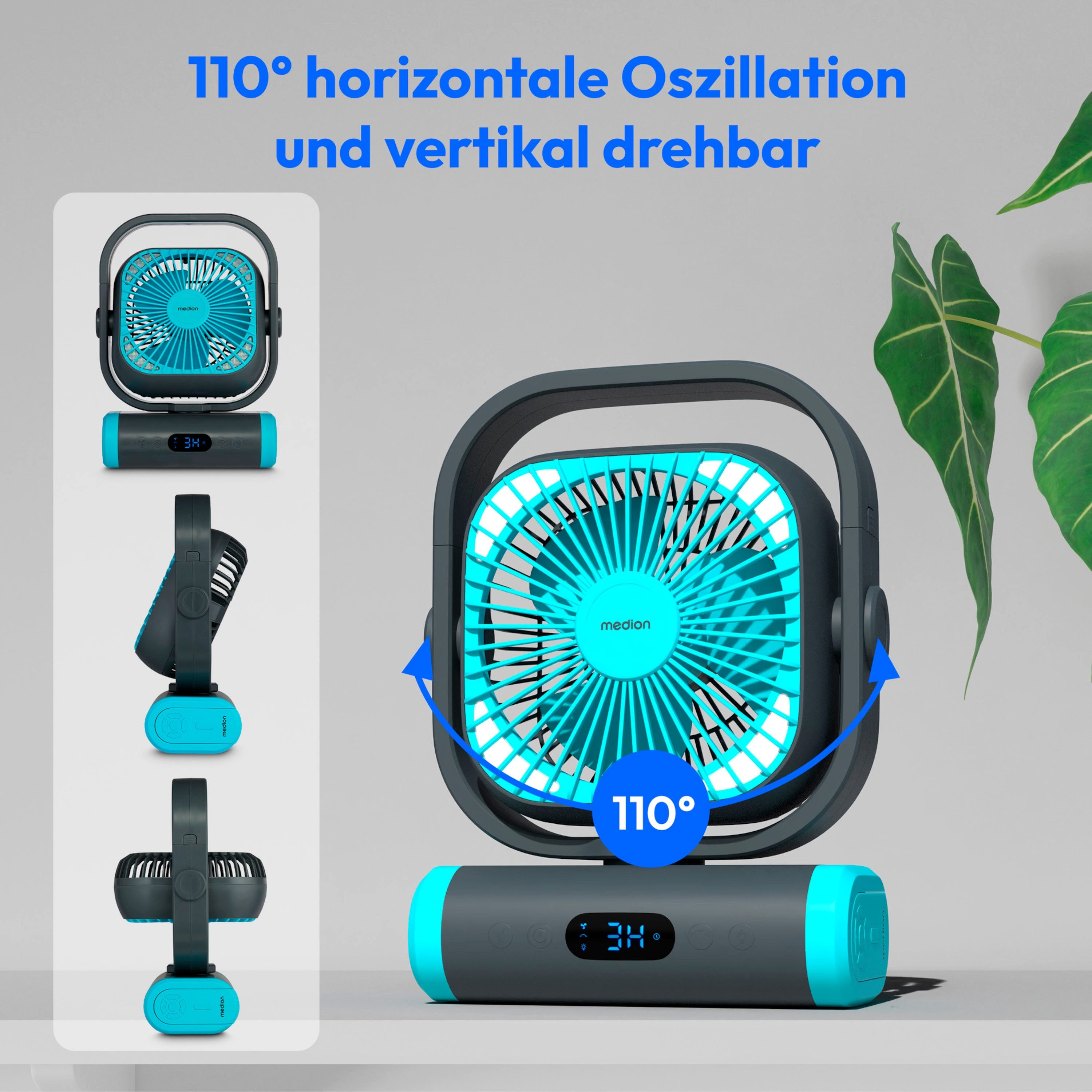 Medion® Akku-Ventilator MEDION LIFE Camping Ventilator E10 TF, 5 Stufen, 20 W, Neigbarer Kopf, Timer, Oszillation 110°, Haken zum