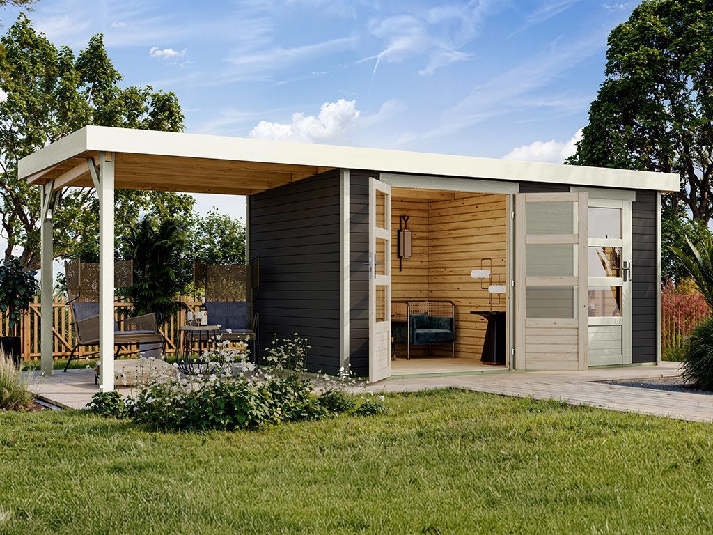 Karibu Gartenhaus KARIBU Gartenhaus mit Anbau 19 mm, BxT: 655x246 cm, Gerätehaus aus Holz mit Fußboden & Flachdach, wetterfest