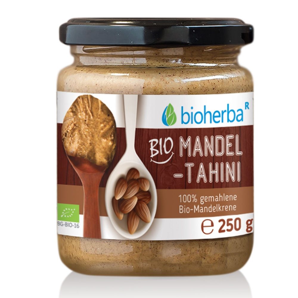 BIOHERBA R Bio Mandel Tahini 100 % gemahlene Bio Mandelkrene 250 g Glas
