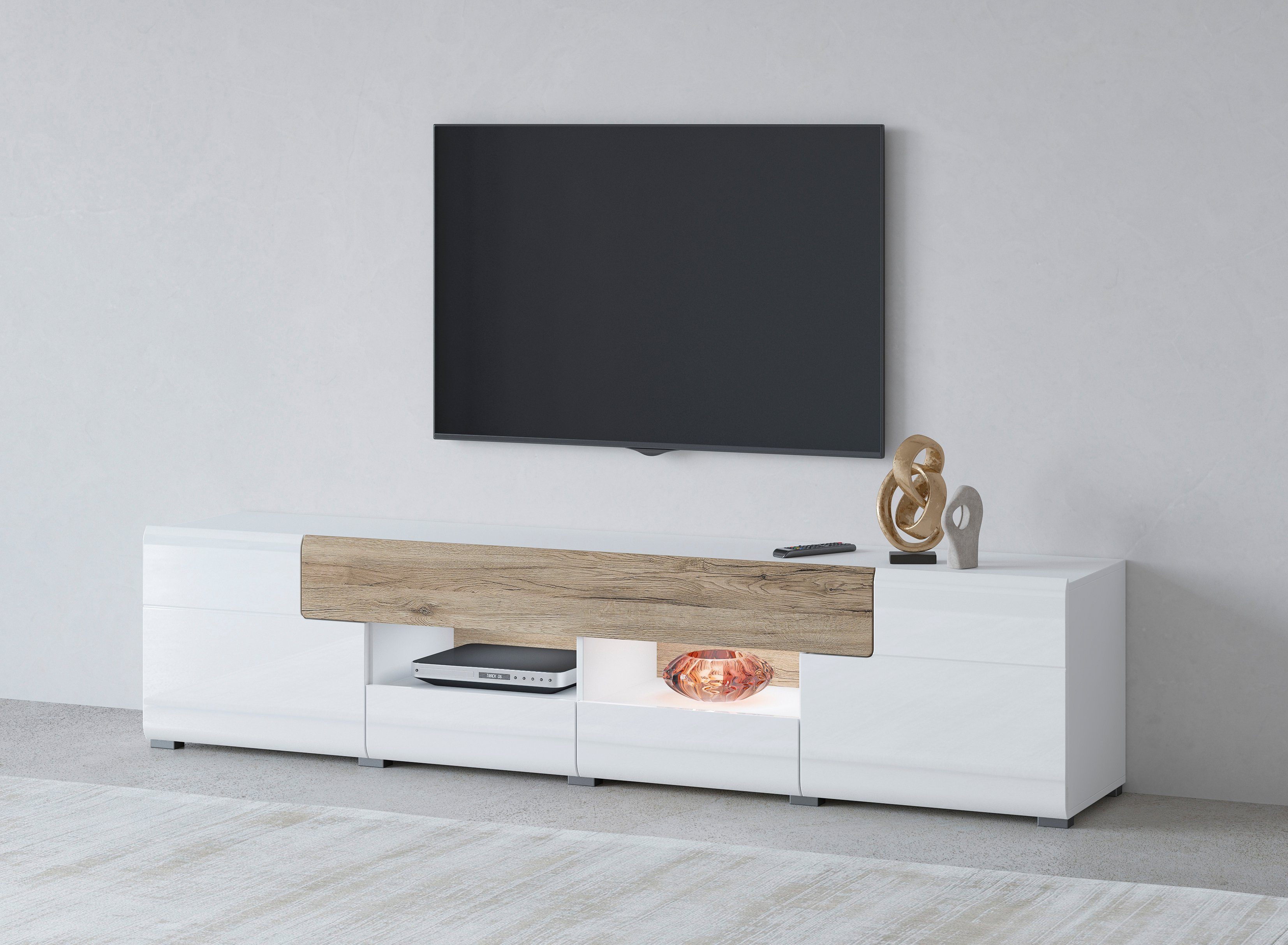INOSIGN Lowboard Toledo,Breite 209cm, trendige TV-Schrank mit dekorative Fräsungen, TV-Board ohne Beleuchtung, TV-Kommode mit viel Stauraum