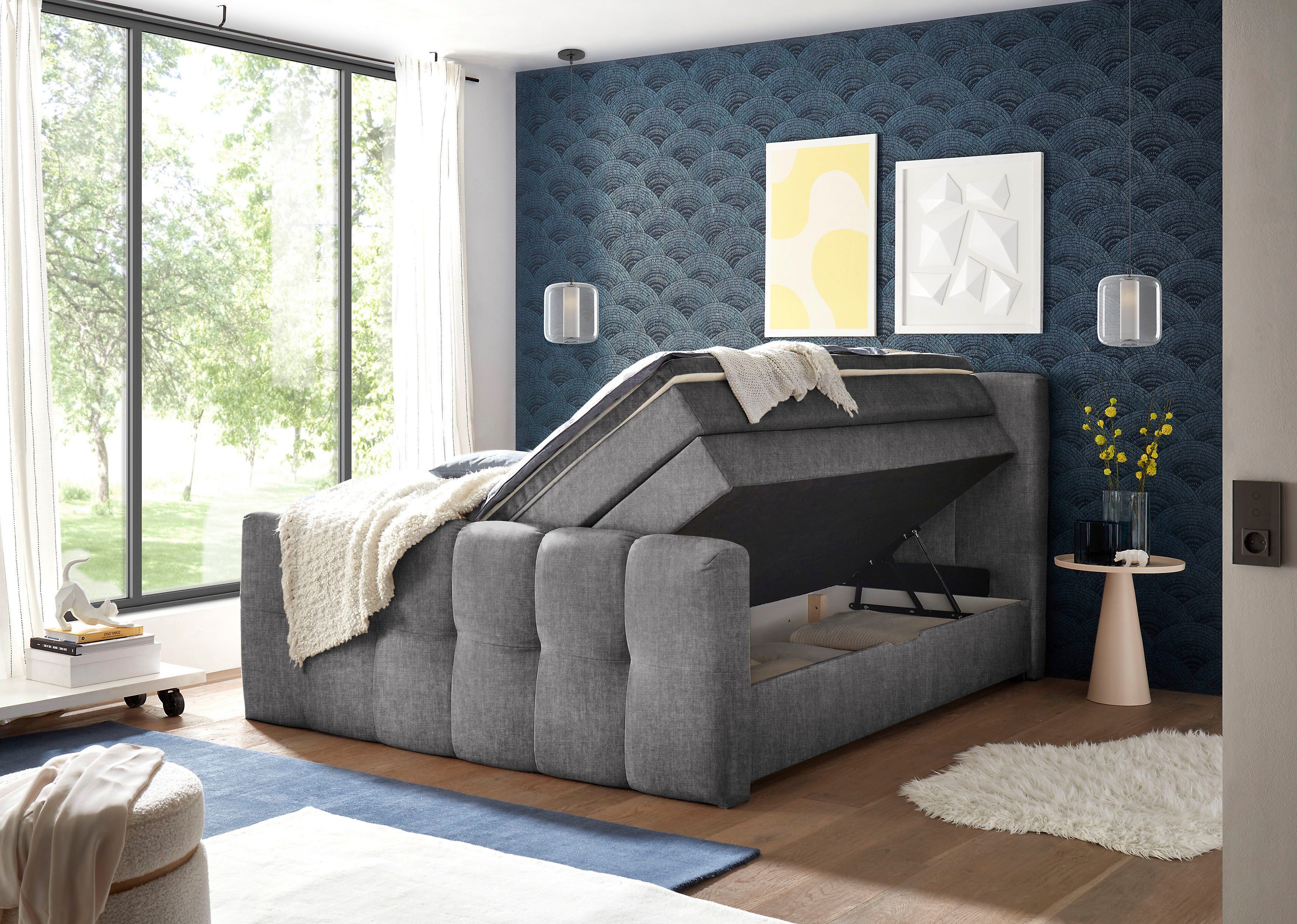 ED EXCITING DESIGN Boxspringbett Tolfa mit Komforteinstiegshöhe von 73cm, erhältlich in 180x200cm, inkl. Bettkasten und 7cm Visco-Topper