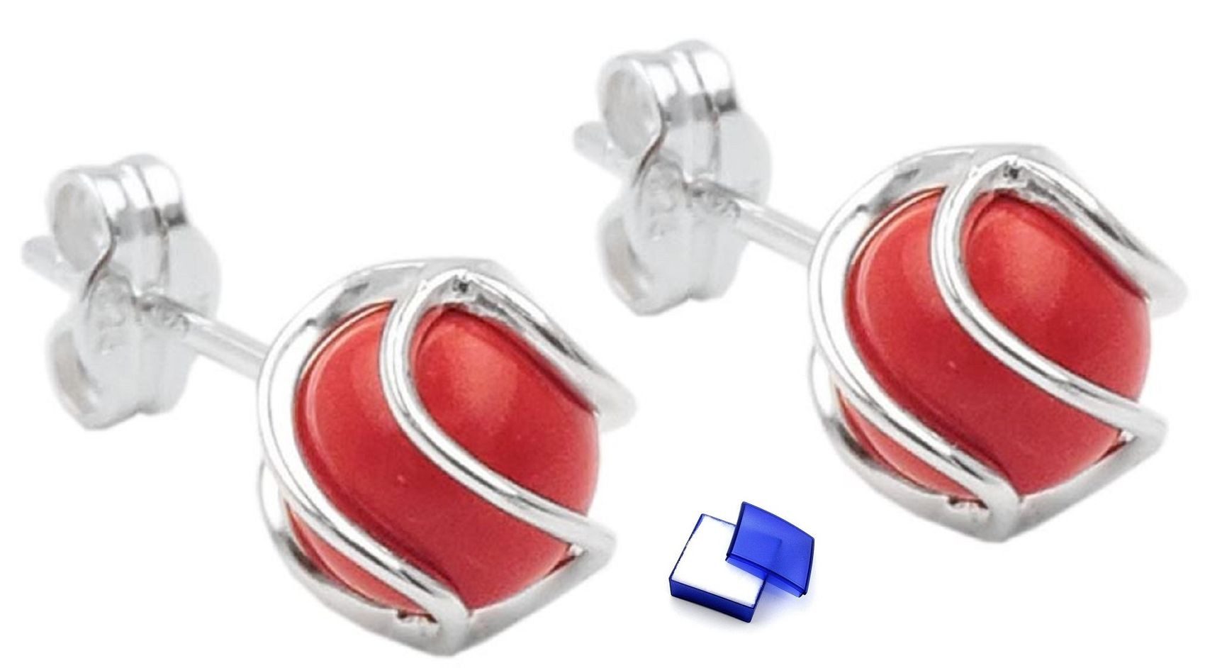 unbespielt Paar Ohrstecker Ohrringe Koralle 7 mm rot matt umwickelt 925 Silber kl. Schmuckbox, Silberschmuck für Damen