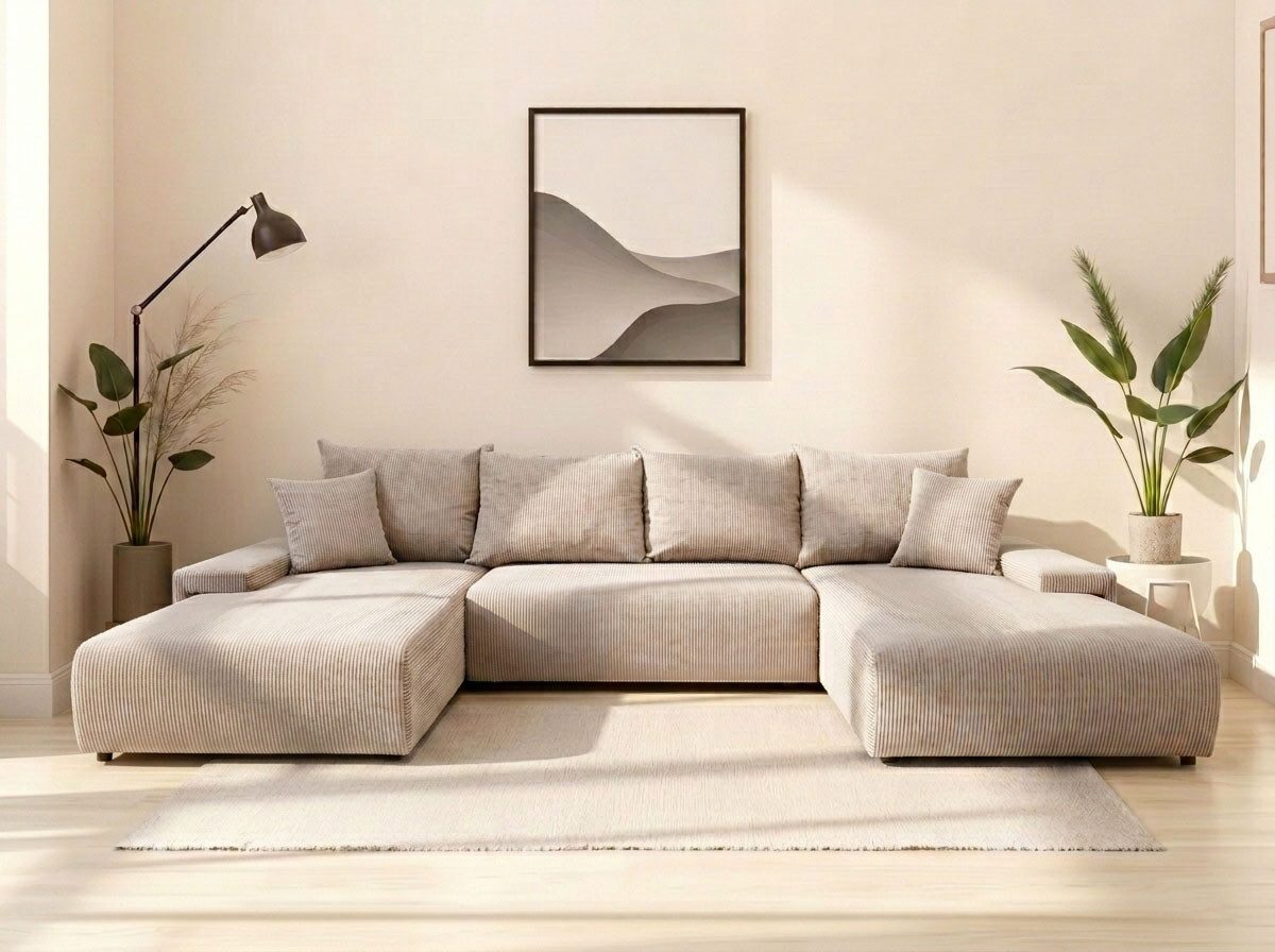WERK2 Wohnlandschaft Amalfi 348 x 188 cm viel Platz, Liegewiese, Bettfunktion & Bettkasten, Cord, U-Form, XXL, Schlaffunktion, Bettkasten
