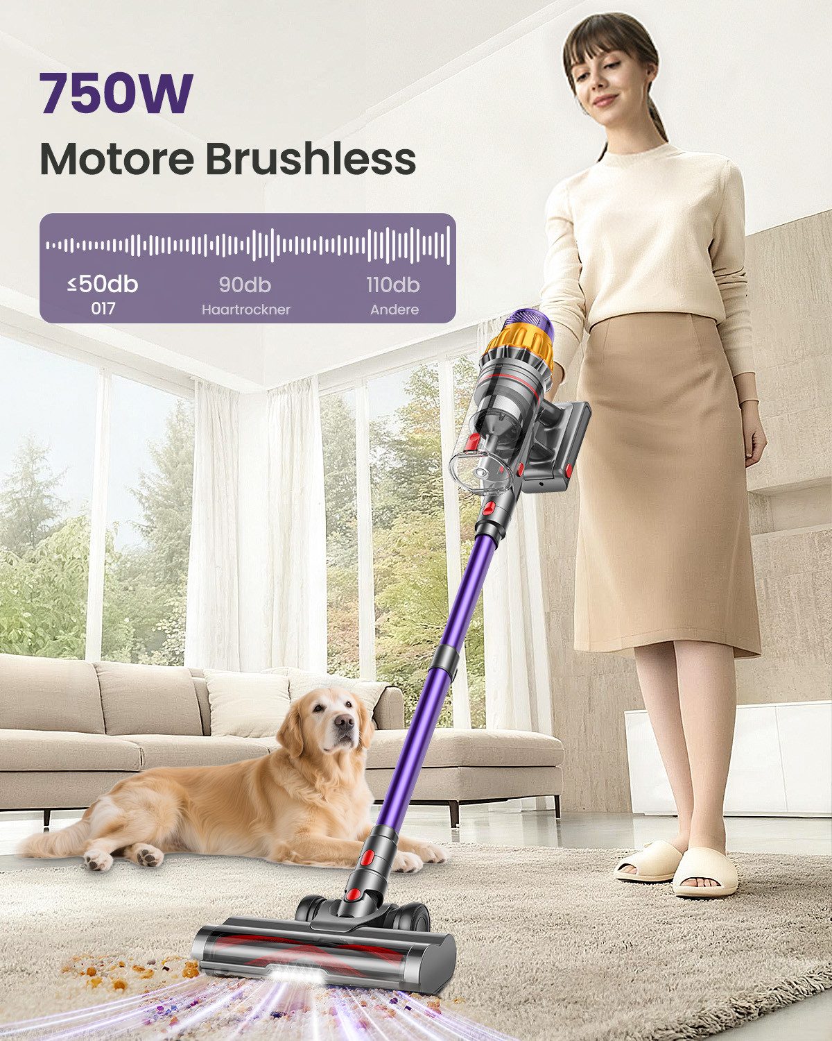 DyMona Akku-Hand-und Stielstaubsauger 88000Pa Akkustaubsauger mit 2 Akkus/750W/160Min Staubsauger Kabellos, 2,6L Staubbehälter, 50dB leise/11-Stufen-Filter/OLED Display,Ideal für Böden/Teppiche/Auto