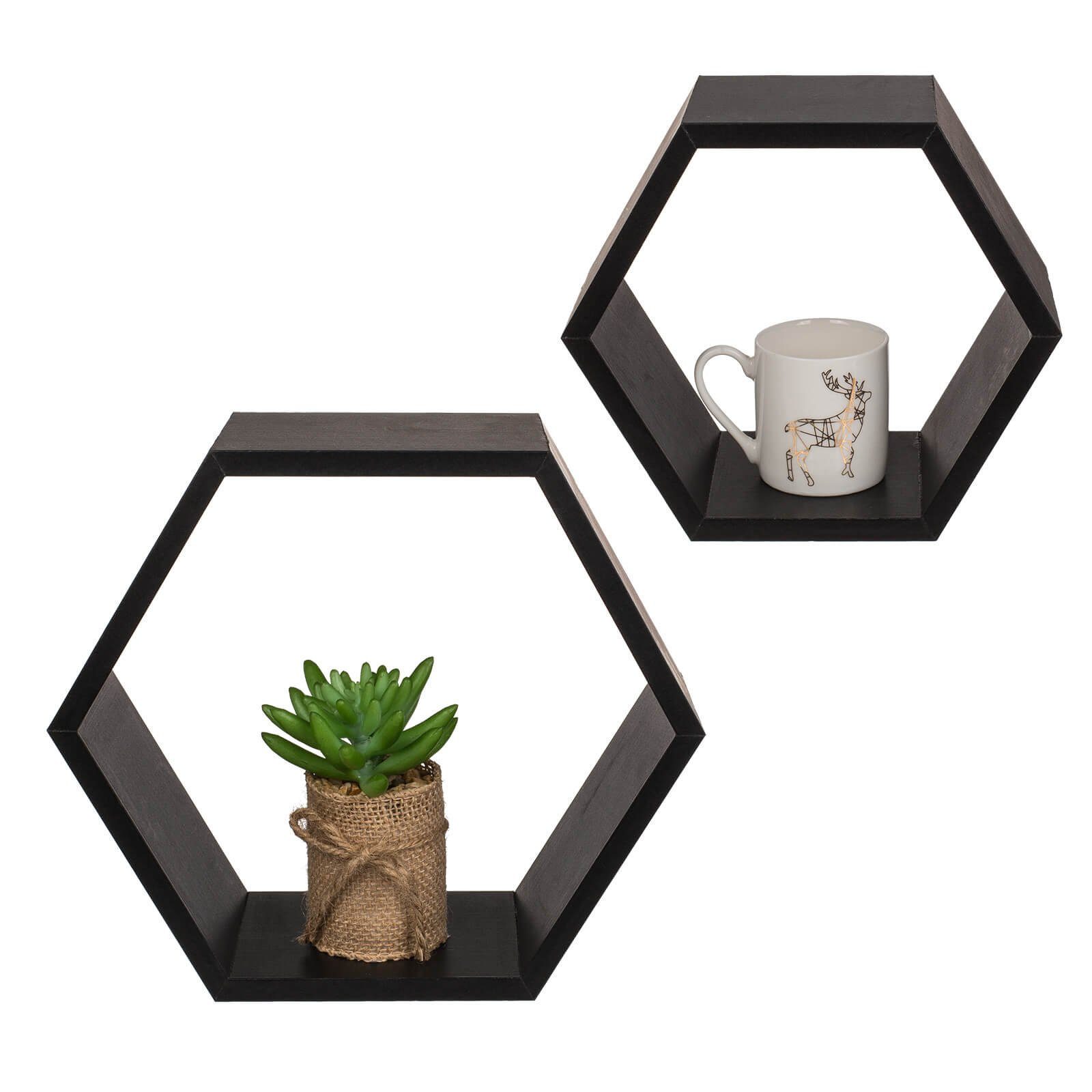 Out of the Blue Deko-Wandregal Holz Wandregal 2er Set 6-eckig schwarz Dekor günstig online kaufen