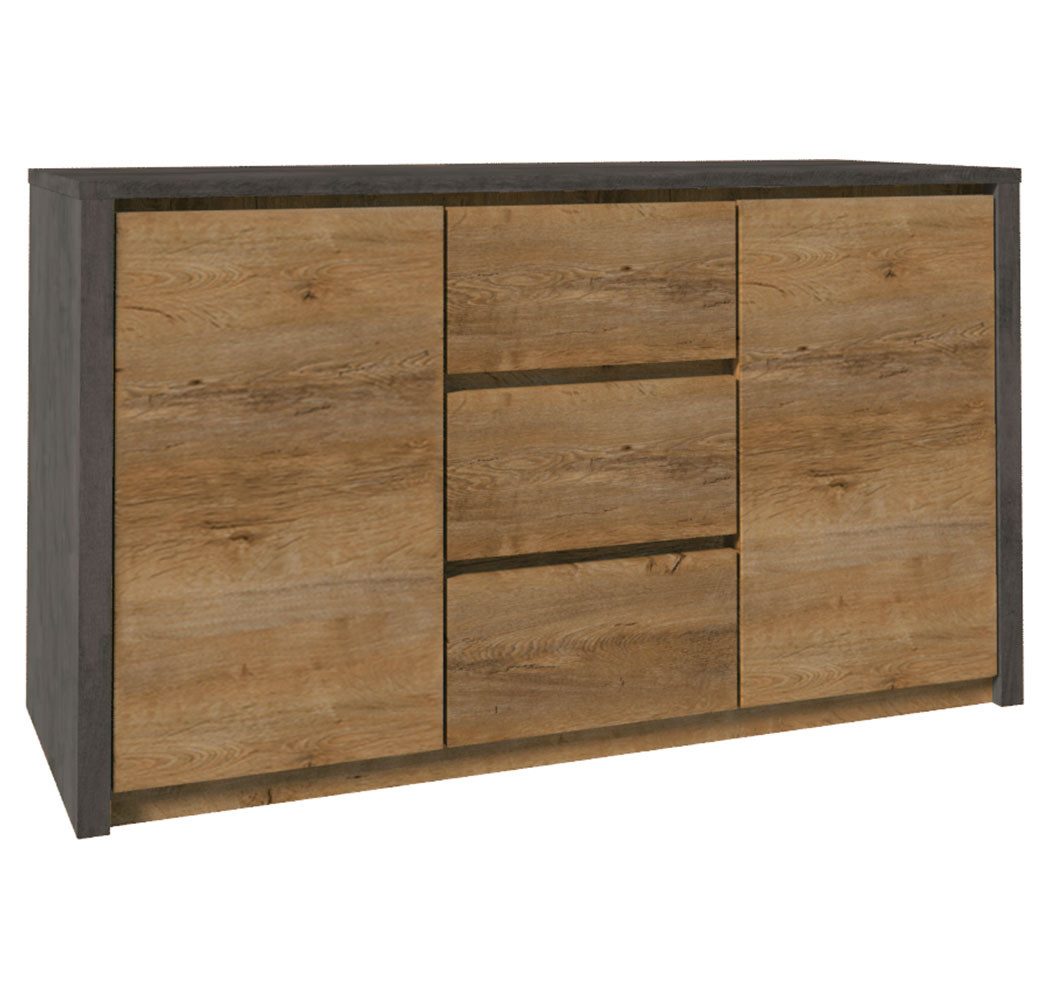 Feldmann-Wohnen Kombikommode Montana (2 Türen, 2 Einlegeböden, 3 Schubladen, 1 St., moderne Holzoptik, Griffmulden), 140x43x79cm Eiche Lefkas / Grau