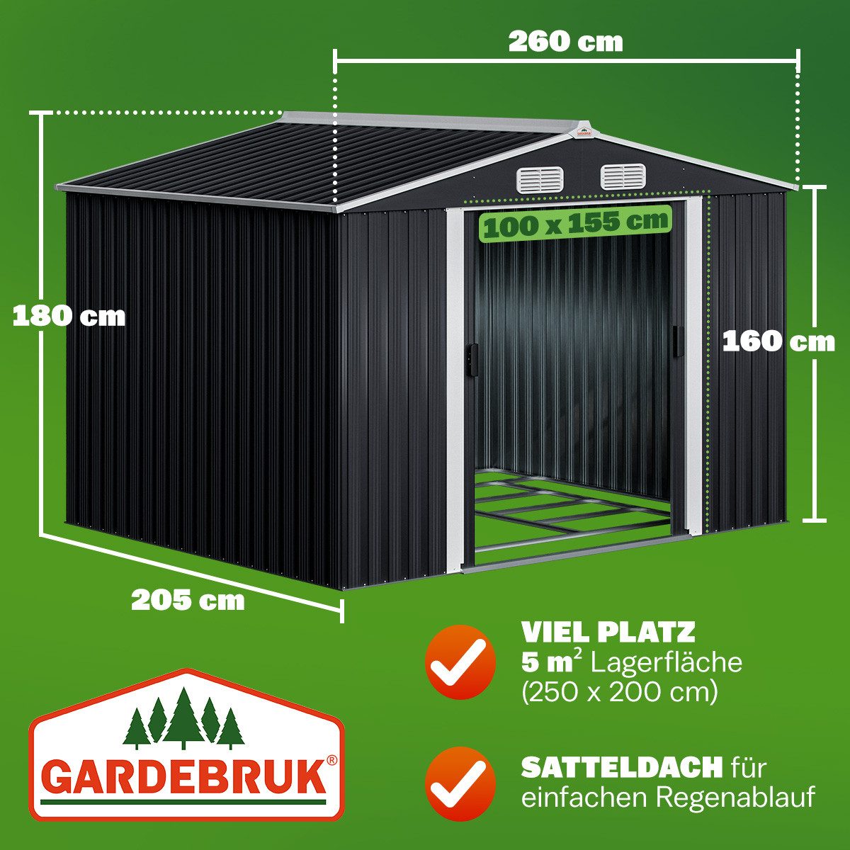 Gardebruk Gerätehaus, BxT: 205x257 cm, XXL Metall 5m² mit Fundament 260x205x180cm Schiebetür Anthrazit