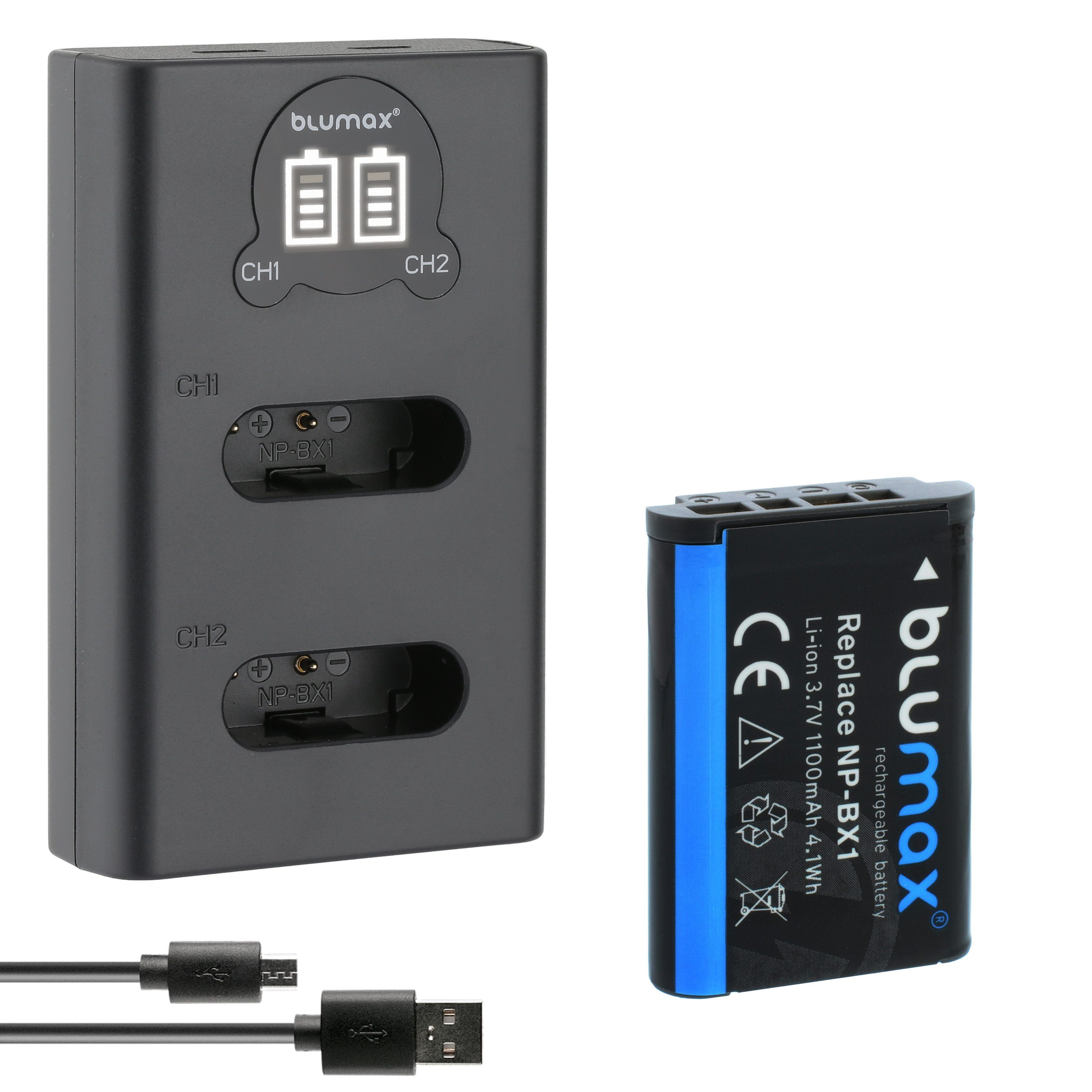 Blumax Akku + Lader für Sony NP-BX1 1100 mAh (3,6V) Kamera-Ladegerät