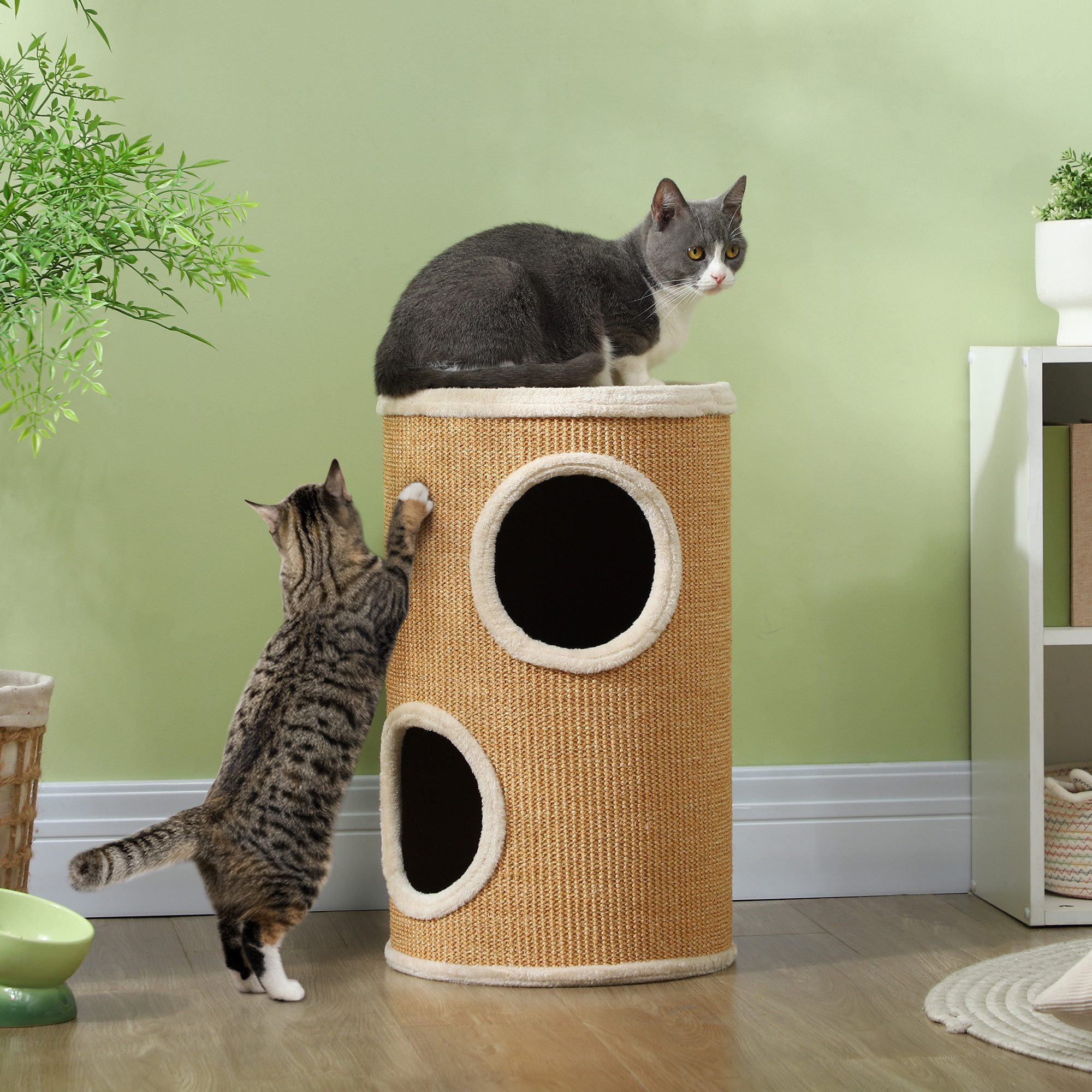 PawHut Kratztonne zweistöckige Katzentonne mit 2 Höhle, Kratzbaum mit Plüschrand, (Katzenmöbel, 1-tlg., Kratzturm), für Katze bis 5 kg, Braun