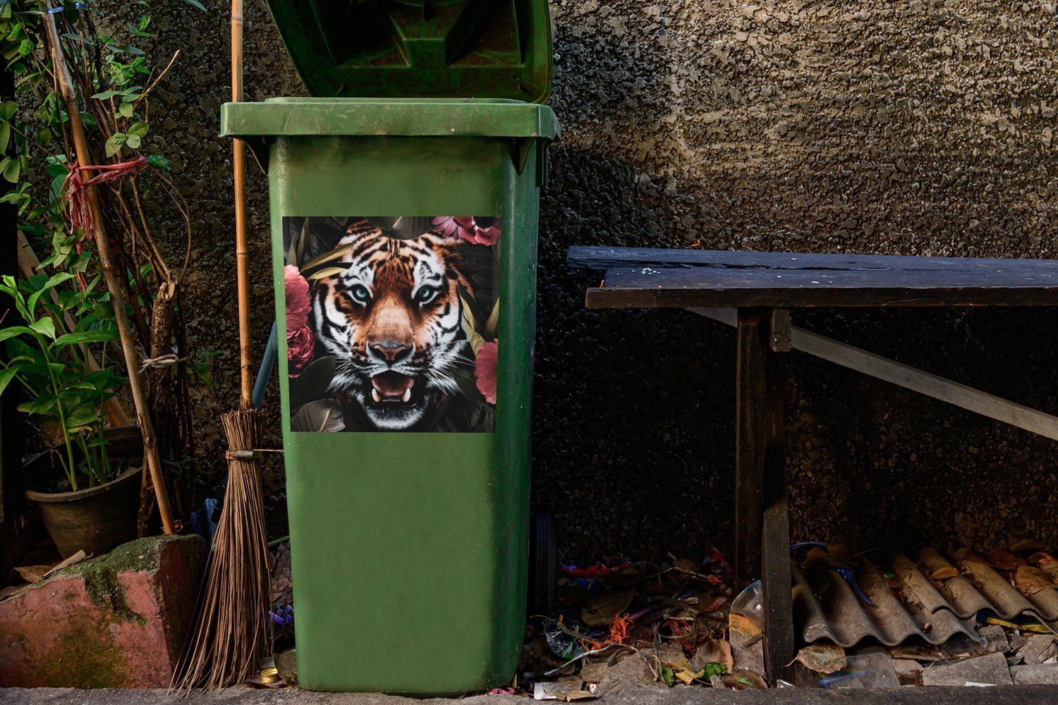MuchoWow Wandsticker Tiger Blumen St), (1 Abfalbehälter Sticker, Container, - Mülleimer-aufkleber, Dschungel Mülltonne, 