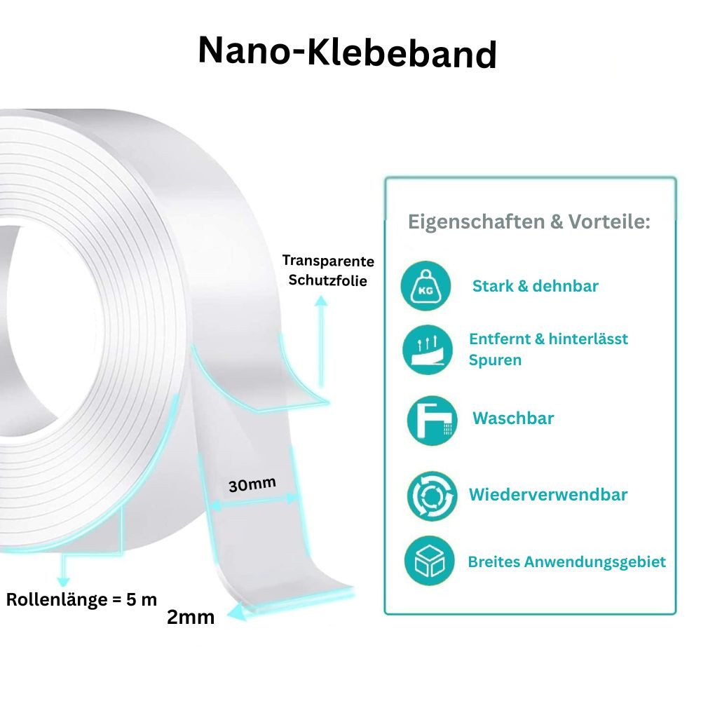 Montegoni Doppelklebeband Starkes Doppelseitiges Klebeband 30mm Transparent 2mm Nano Gel (Einzel, 1 x 5m Nano Doppelseitige Klebeband) 30mm breit, 2mm dick, transparent, waschbar, rückstandsfrei entfernbar