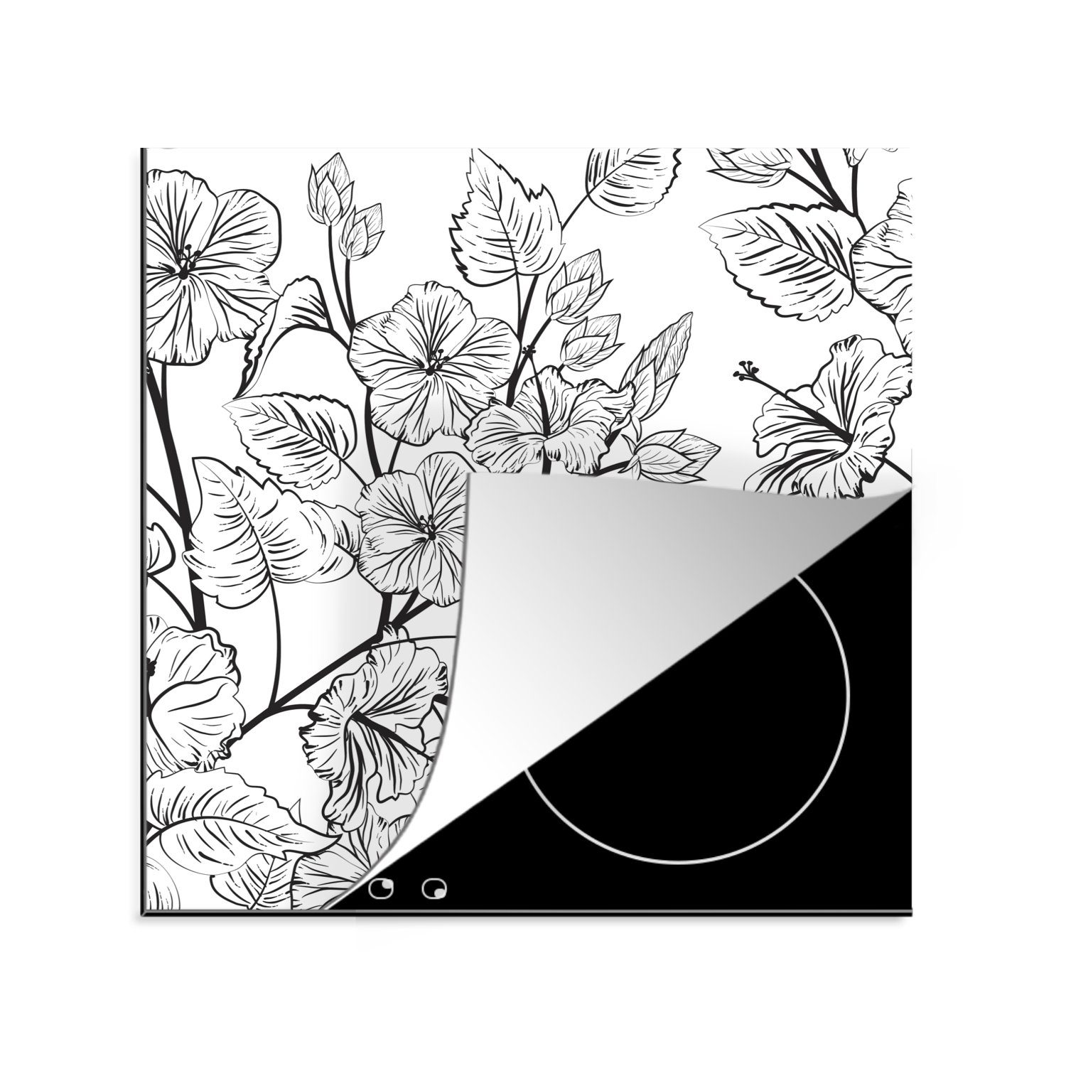 MuchoWow Herdblende-/Abdeckplatte Eine schwarz-weiße Illustration eines Blumenmusters, Vinyl, (1 tlg), 78x78 cm, Ceranfeldabdeckung, Arbeitsplatte für küche