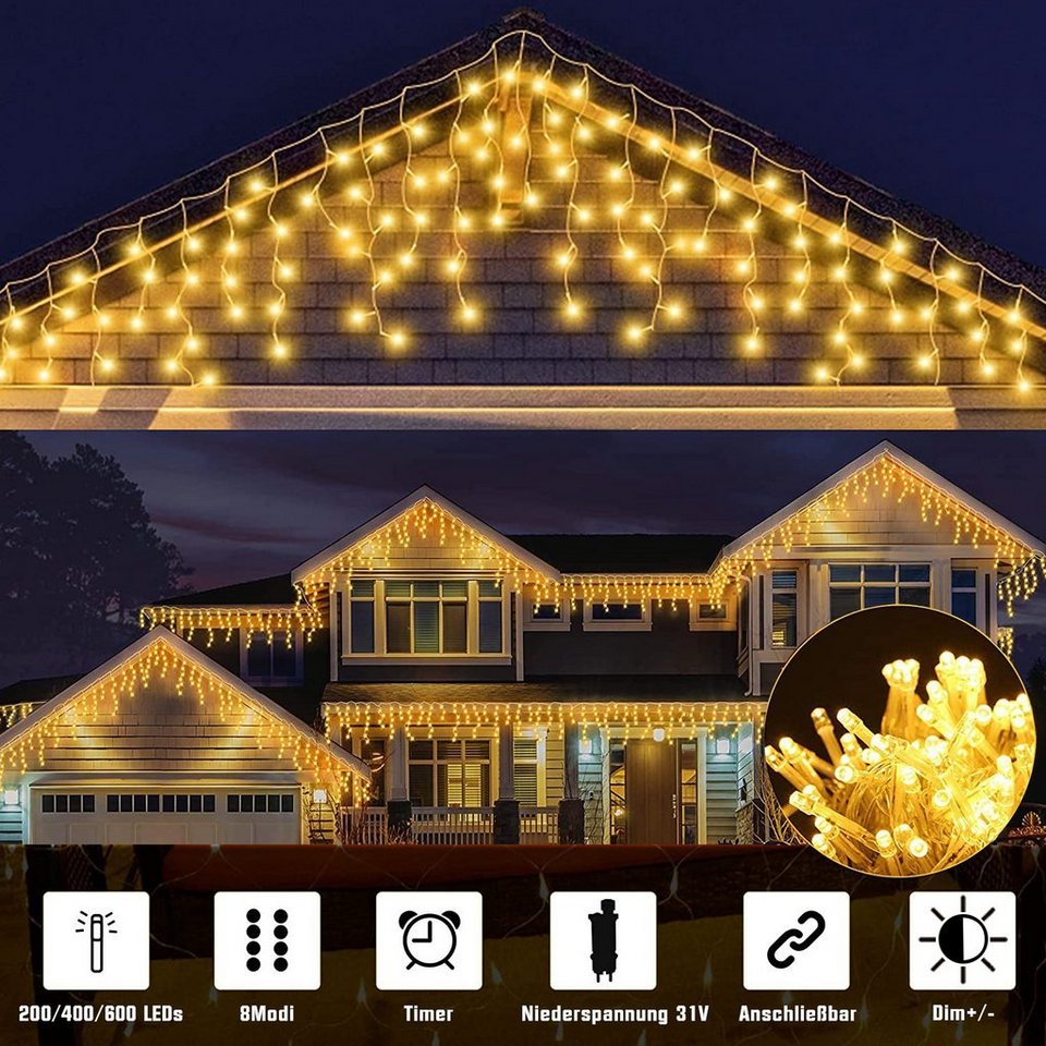 XERSEK Dekolicht 8 Funktion LED Büschel-Lichterkette mit Fernbedienung  Beträgt 25m IP44, Warmweiß, LED Eiszapfen Lichtervorhang 10m 400LEDs mit  Adapter und Fernbedienung