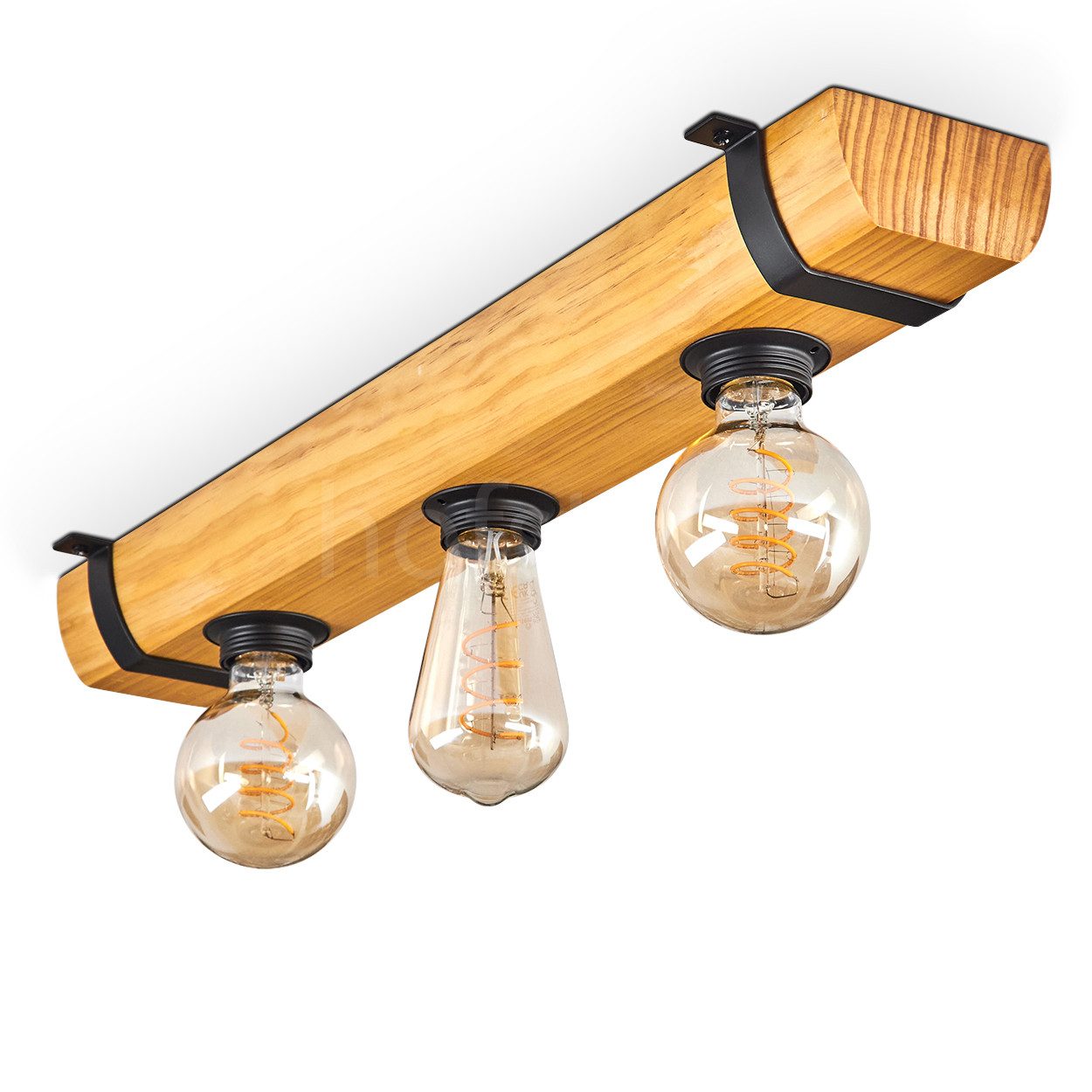 hofstein Deckenleuchte Deckenlampe aus Holz/Metall in Naturfarben/Schwarz, ohne Leuchtmittel, moderne Retro/Vintage/Industrial-Design Leuchte mit Holzbalken, 3xE27
