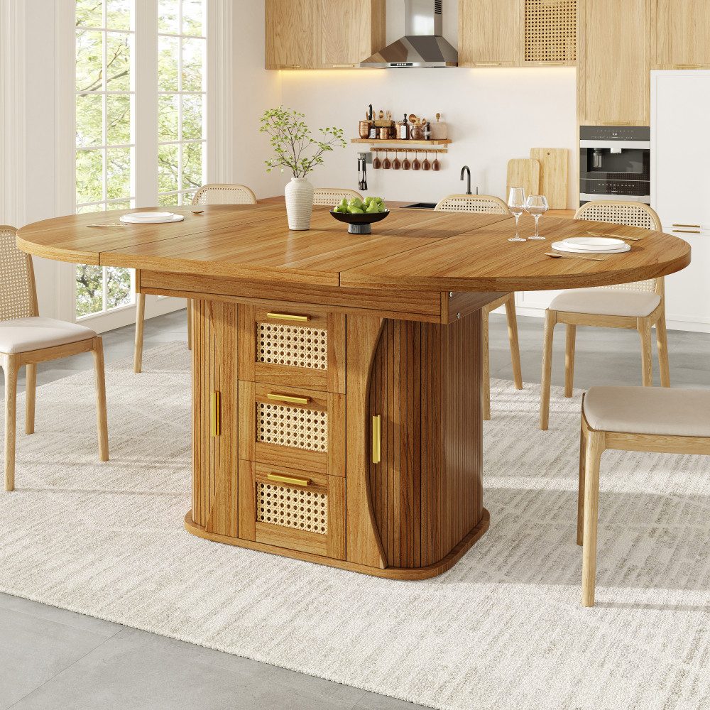BBG Esstisch Ausziehbarer Esstisch 118–158 cm mit Stauraum, MDF in Holzoptik, Schubladen in Rattan-Optik, Küchentisch für 4–6 Personen