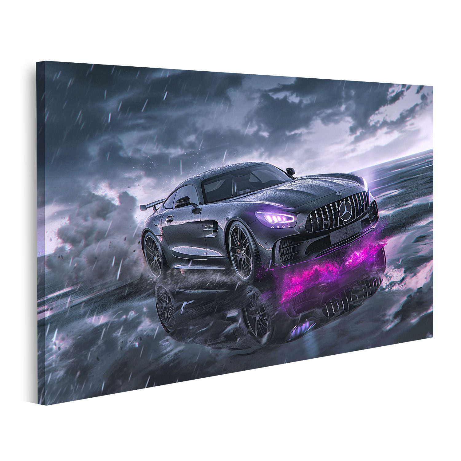 islandburner Leinwandbild, Mercedes im Gewitter mit lila Neonlicht günstig online kaufen