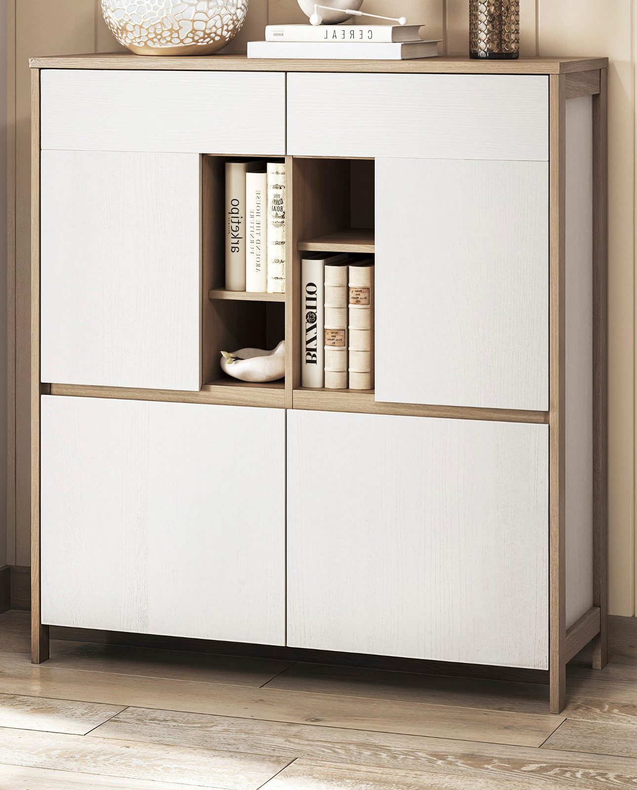 Furn.Design Highboard Finnes (Hohe Kommode in Eiche weiß und Eiche natur, 4-türig, 111 x 125 cm), 10 Fächer, Soft-Close-Funktion