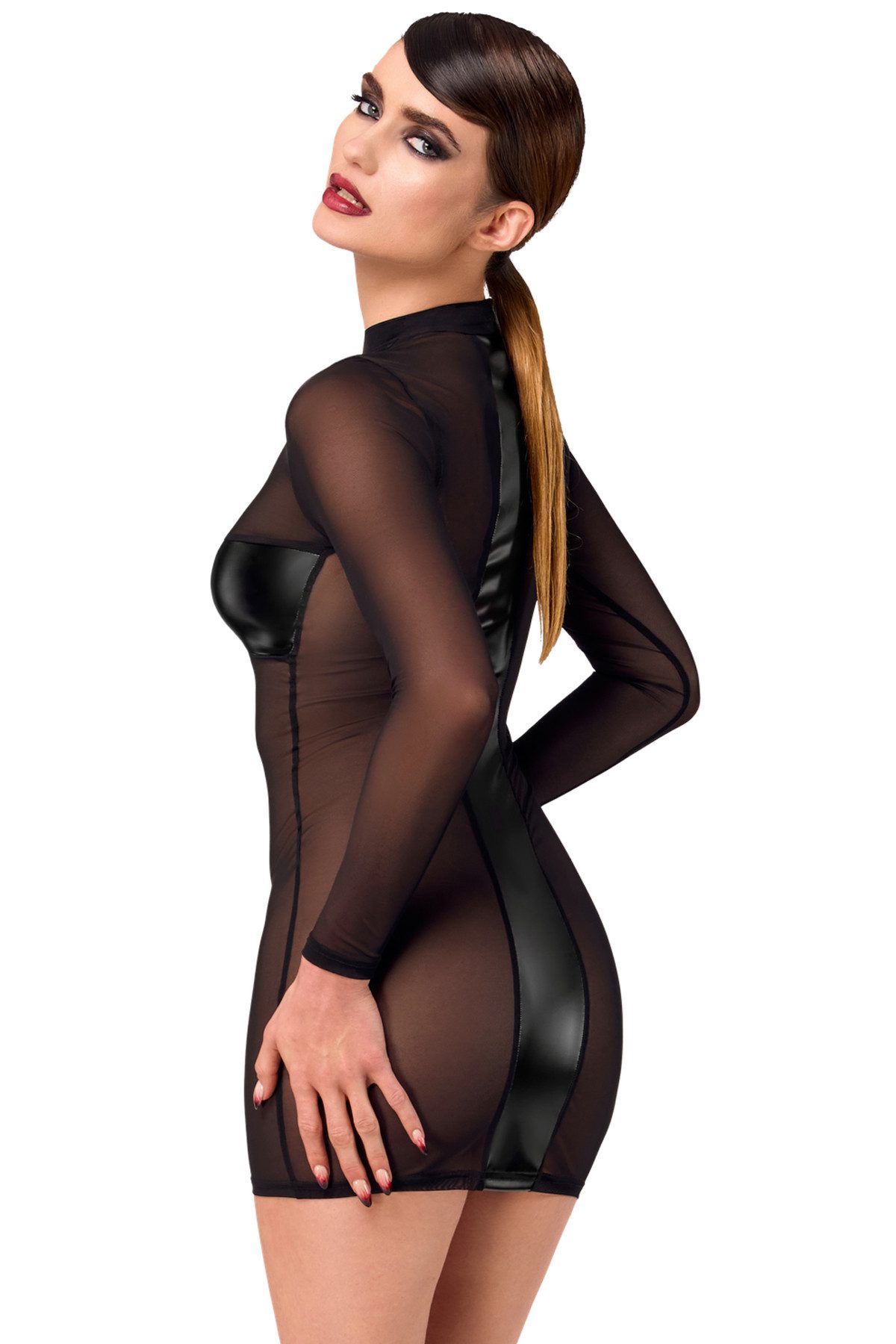 Noir Handmade Minikleid Transparentes kurzes Schlauch Kleid aus schwarzem Netz lange Ärmel Nac