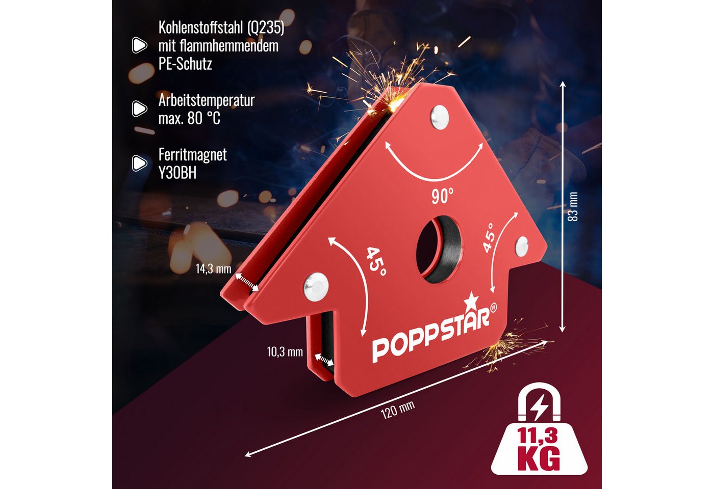 Thumbnail - Poppstar Magnethalter Magnet-Schweißwinkel mit Winkelmaßen 45°, 90°, 135° (4-St), Schweißmagnet klein 4er-Set mit Haftkr...
