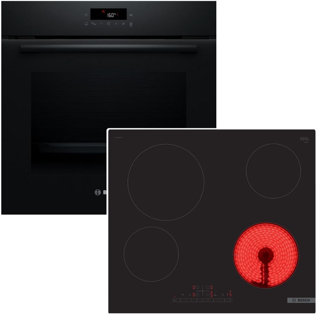 BOSCH Backofen-Set Pyrolyse 3D-Heißluft +Glaskeramik Kochfeld PowerBoost rahmenlos autark, mit Nein