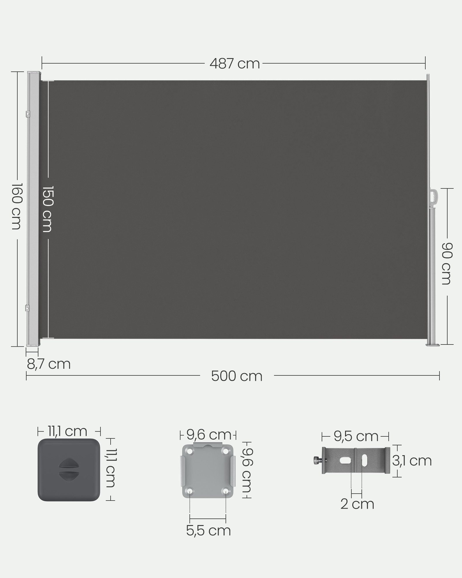 SONGMICS Seitenarmmarkise ausziehbar 5m, rostbeständig, Stahl, Balkon, Terrasse, Garten (160 x 500 cm, inkl. Zubehörpaket & Anleitung) Windschutz, Sonnenschutz, mit Stahl-Kasten, grau
