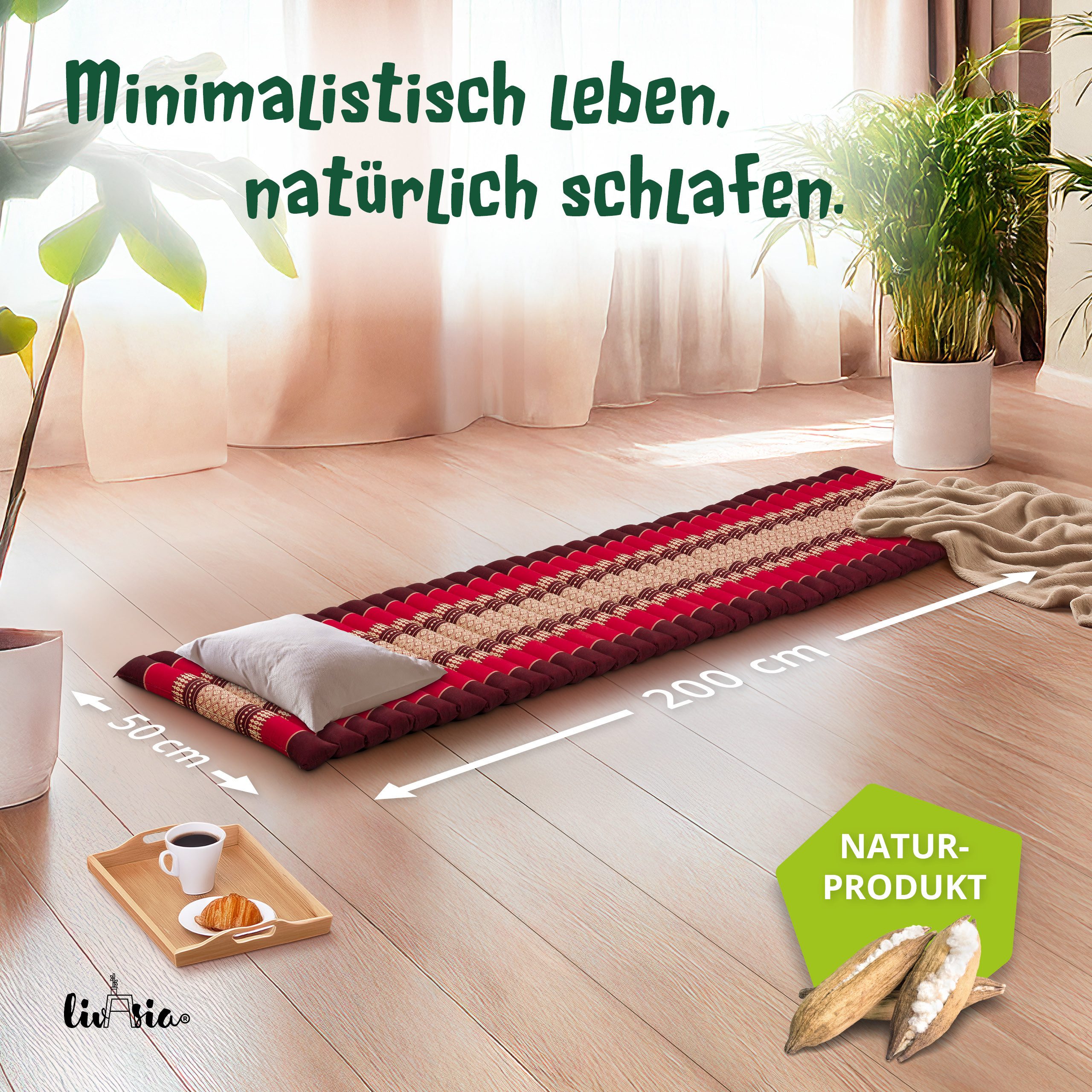 Reisebett-Matratzen Rollmatte 50 cm breit, vegan und handgefertigt, 210x50x4,5cm, livasia, 4,50 cm hoch, Kapok