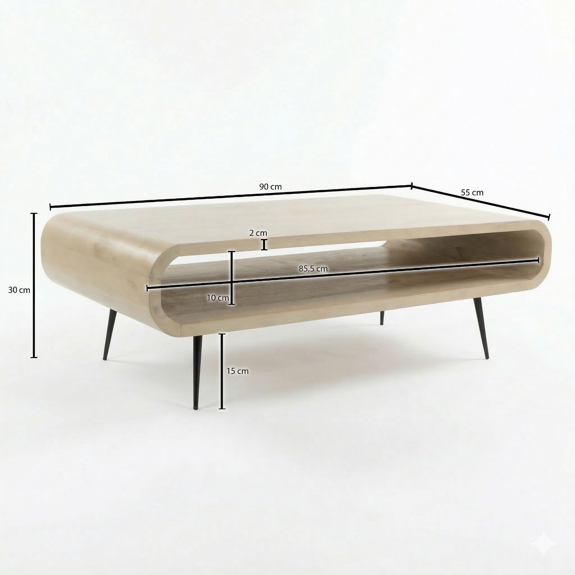 FINEBUY Couchtisch FB116759 Massivholz 90cm Wohnzimmertisch Ablage Beistelltisch Tisch (Rechteckiges Möbelstück im edlen Retro-Stil), Korpus aus Mangoholz auf robustem Metall