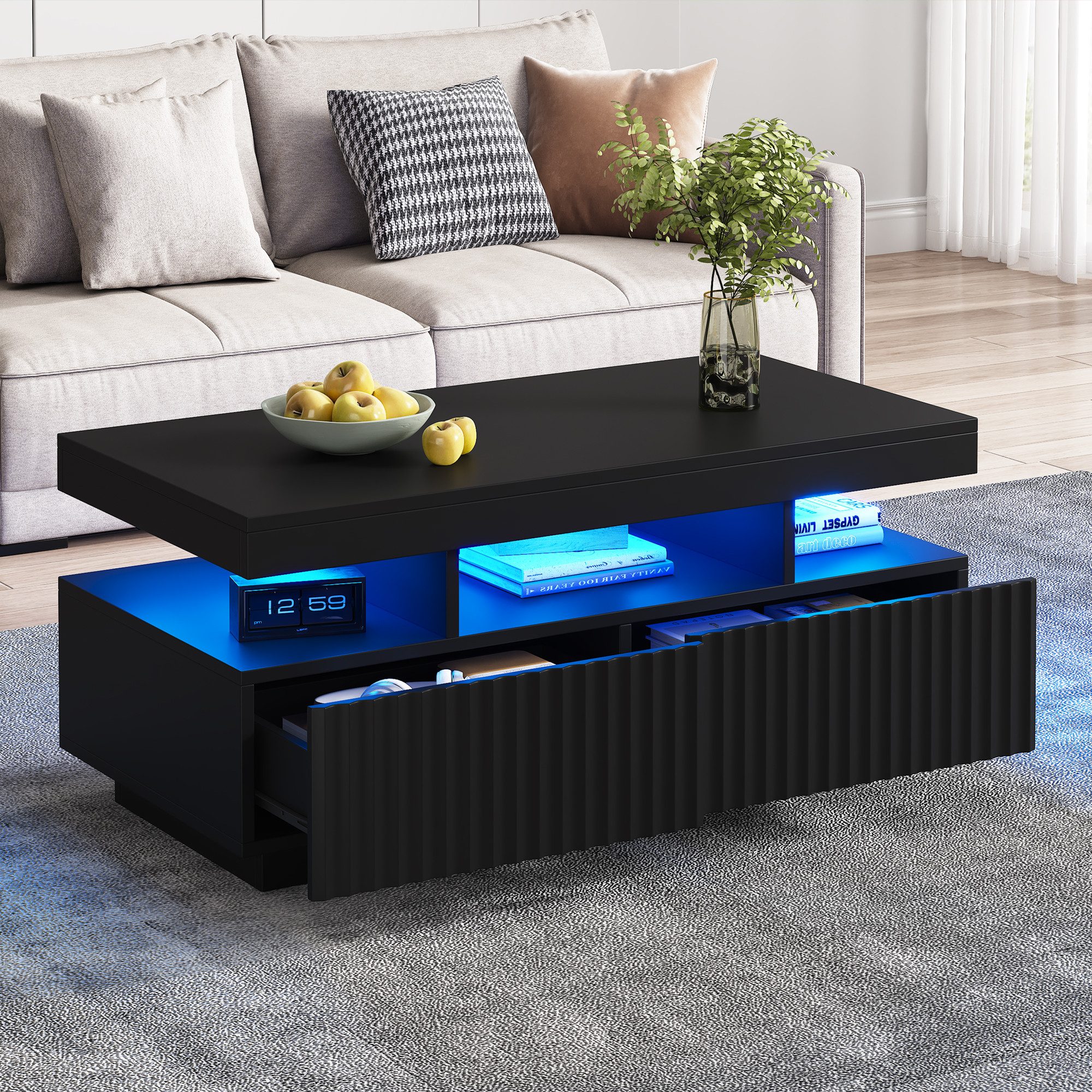 Merax Couchtisch Sofatisch Beistelltisch mit LED-Lichtleiste (Stauraumfunktion und robuster Spanplattenkonstruktion, 1-St., 100×50×45 cm), Wohnzimmertisch mit 2 Vakuumform-Schubladen und offenem Mittelteil