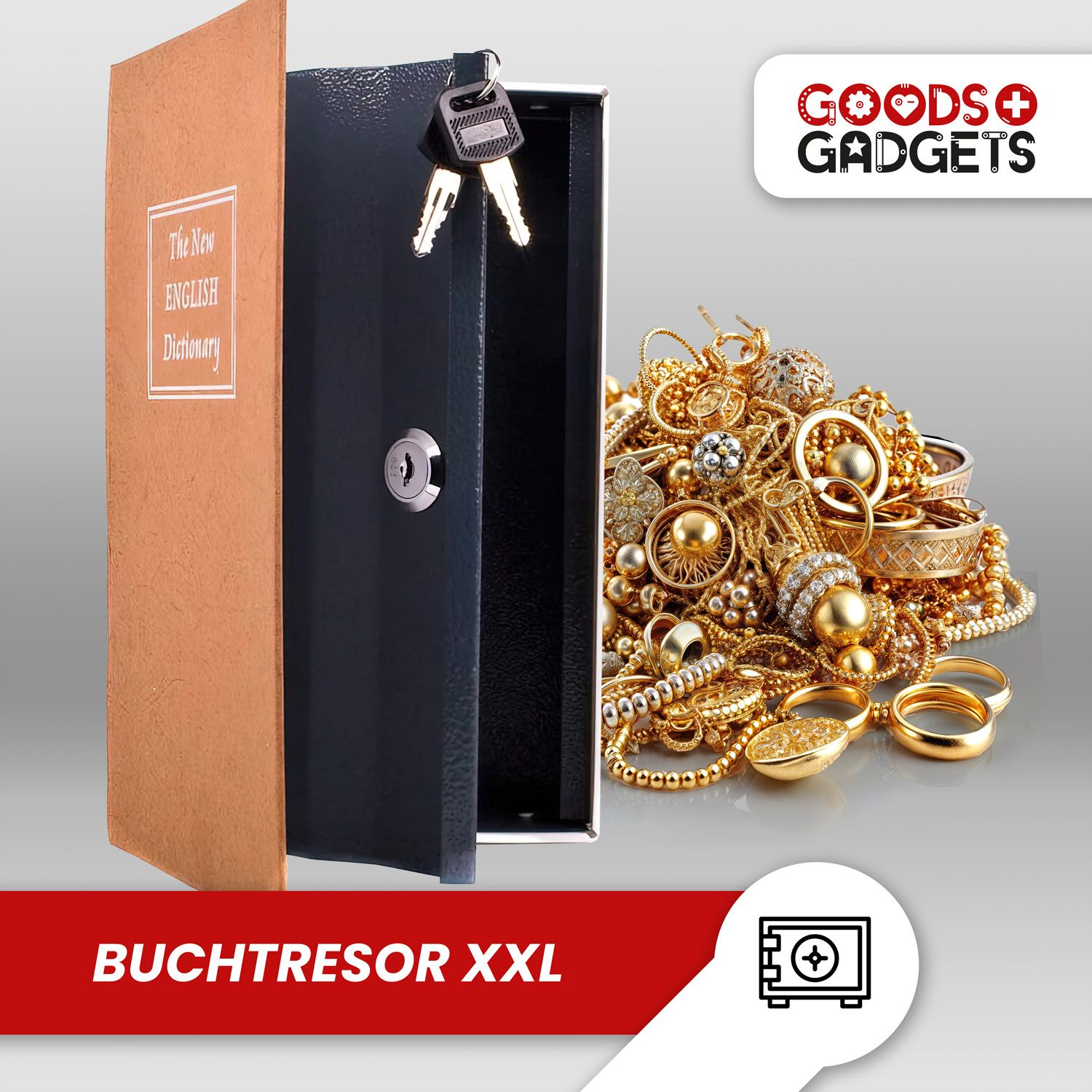 Thumbnail - Goods+Gadgets Buchtresor XXL Buchsafe Tresor (Geldkassette, Buchattrappe), Bücherregal Geheimversteck