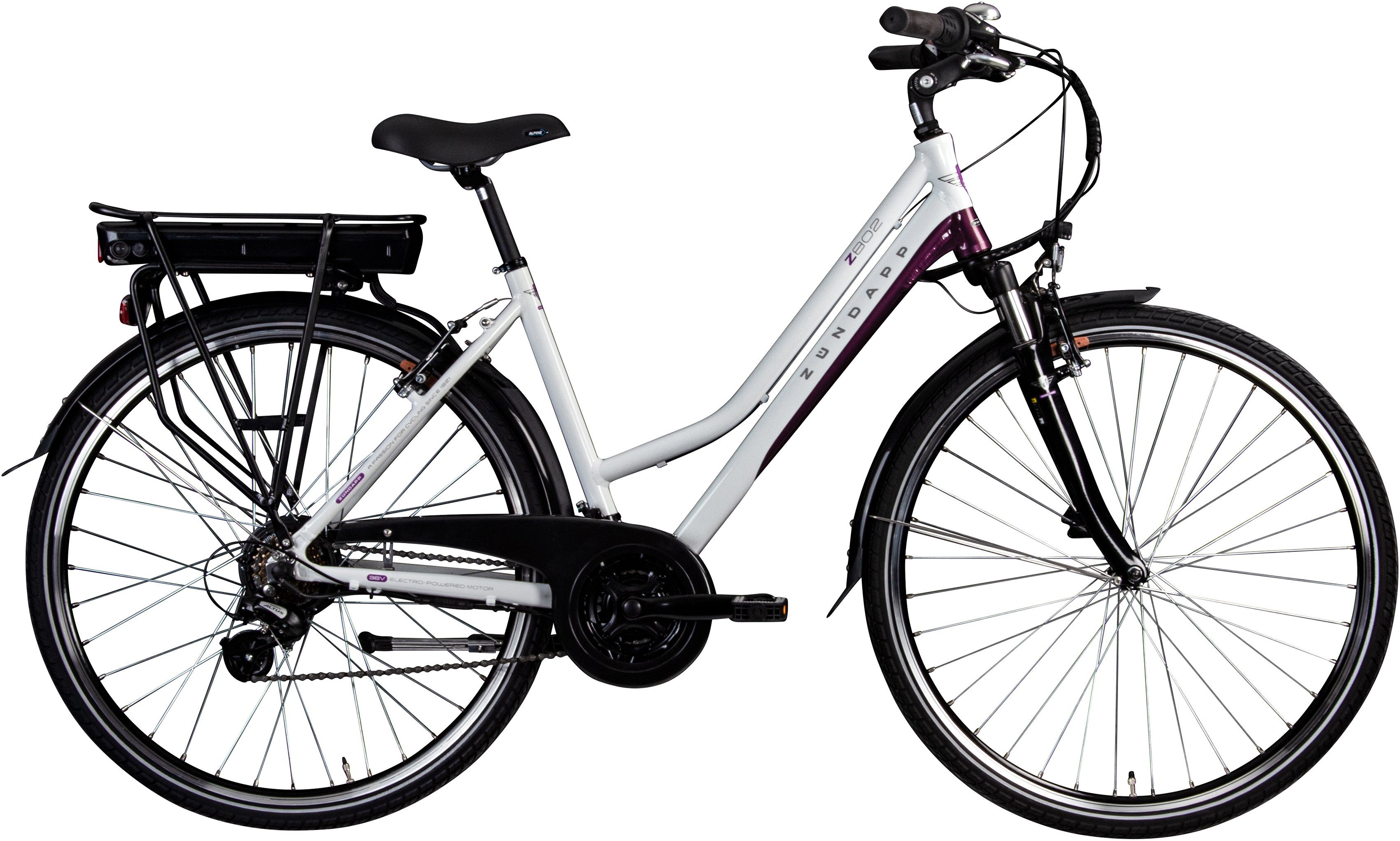 Zündapp E-Bike Trekkingrad Z802 Damen, 21 Gang Shimano Altus RD-M310 Schaltwerk, Kettenschaltung, Heckmotor, 374 Wh, Pedelec, Elektrofahrrad für Damen