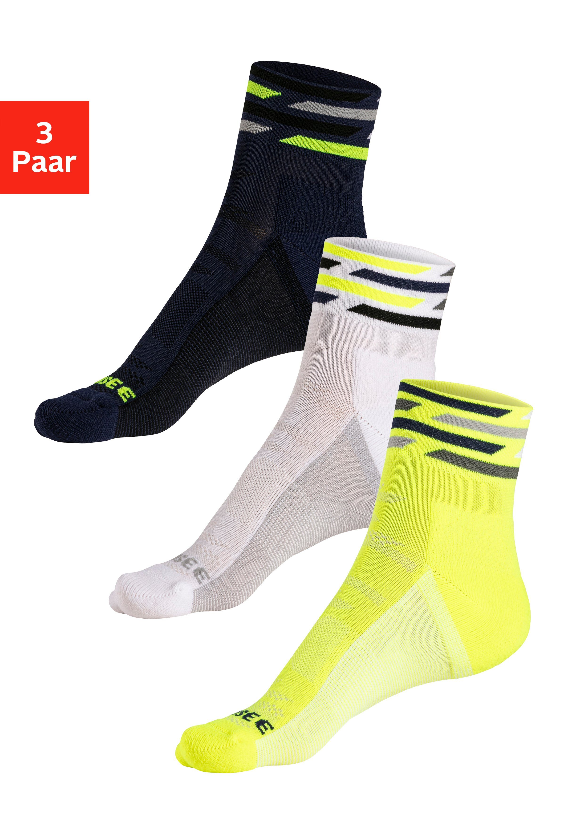 Chiemsee Funktionssocken (3-Paar) Nylon-Microfaser Sportsocken 1x weiß, 1x marine, 1x neon gelb