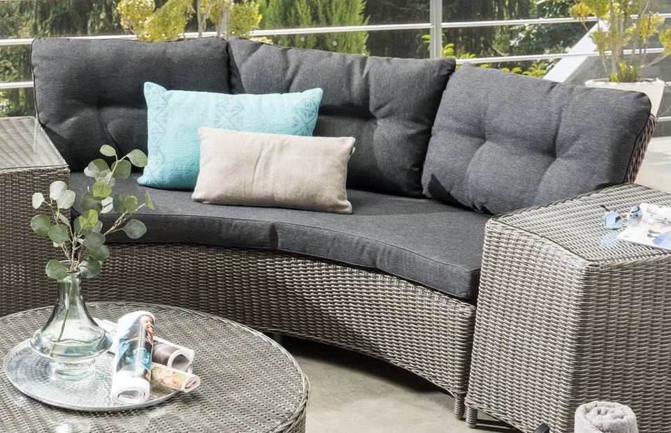 Destiny Gartenlounge-Set RIO, (Set, 18-tlg), Loungeset halbrund, 2 Sofa, 3  Beistelltische, 1 Tisch Ø 90x38cm, Bestehend aus zwei Loungesofas, drei  Seiten-Tischen und einem Loungetisch