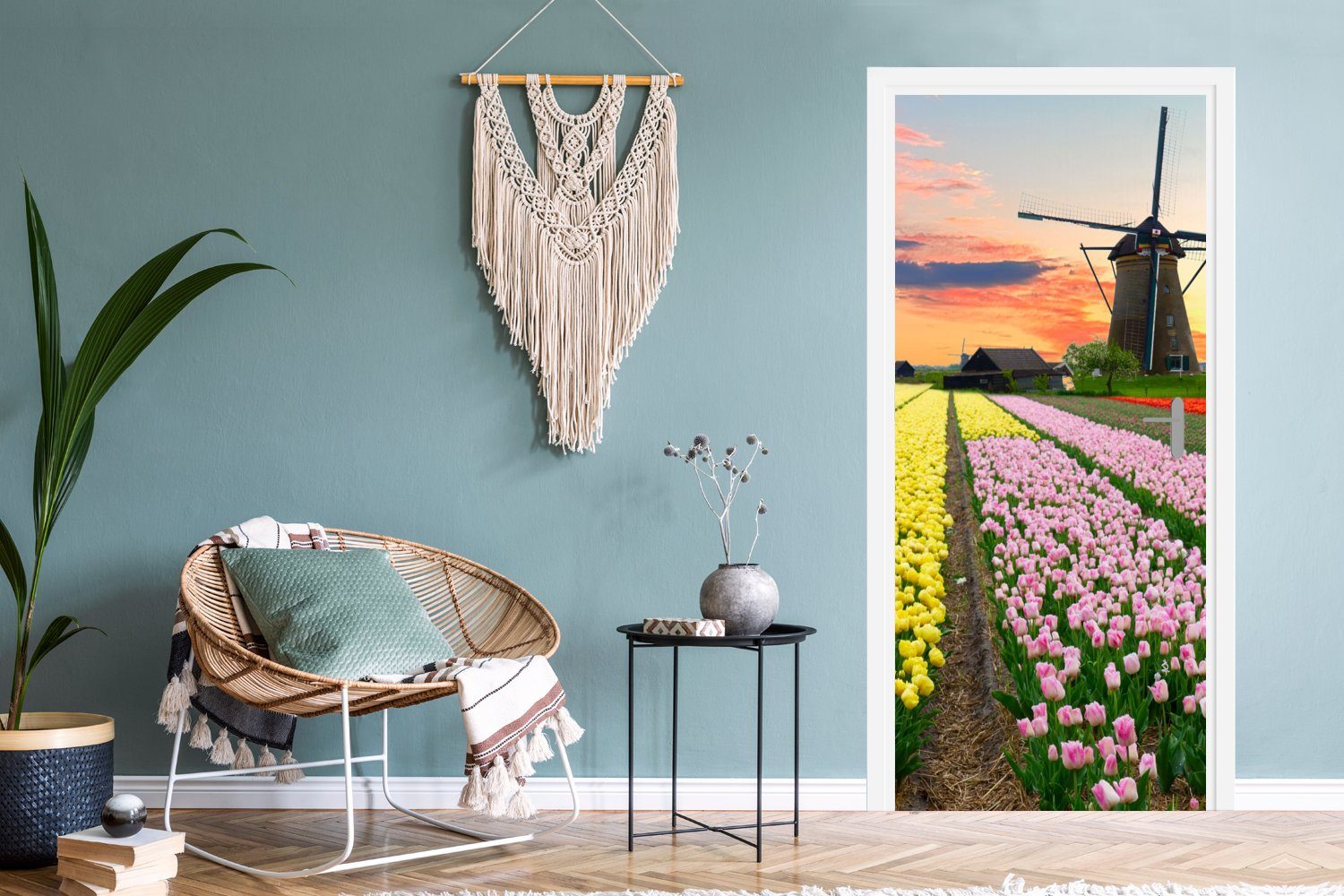 Fototapete Niederlande, cm - Matt, - - Blumen Tür, 75x205 für (1 Türaufkleber, bedruckt, MuchoWow St), Türtapete Tulpen Windmühle