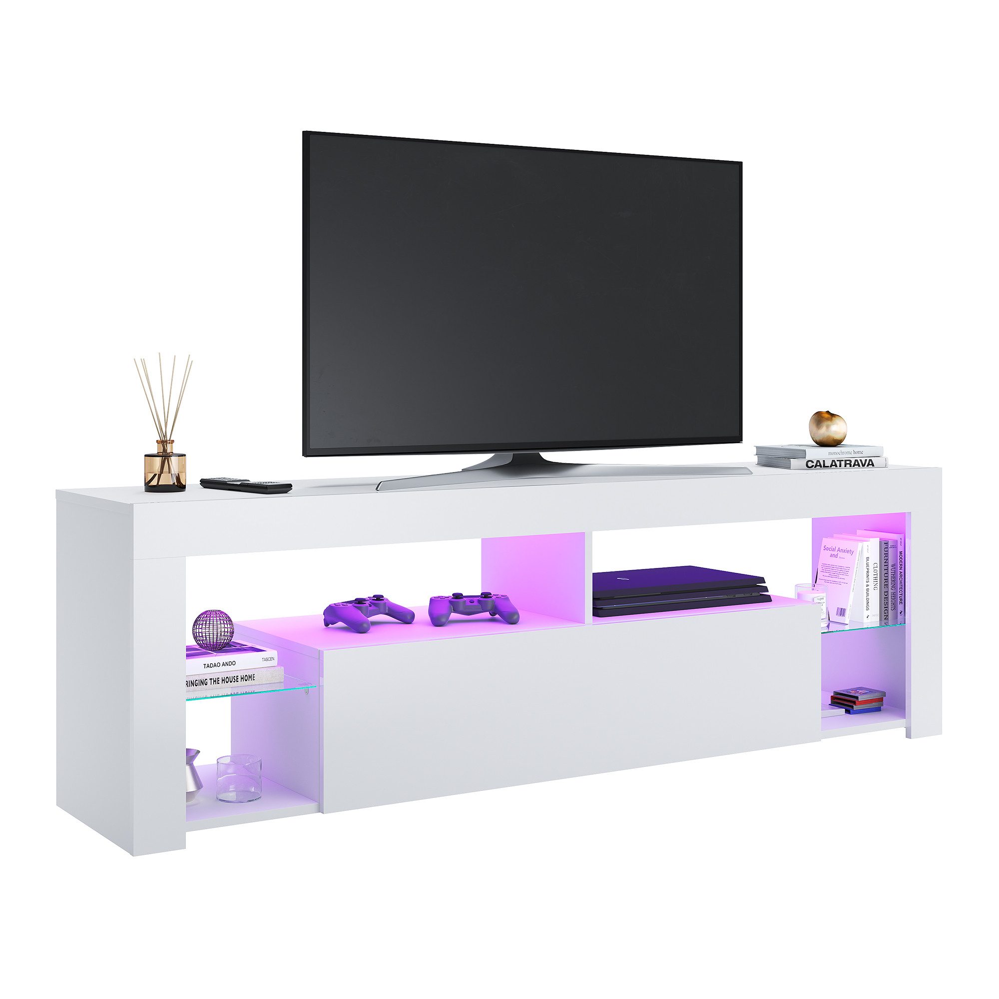 SONNI TV-Schrank Schwarzer TV-Ständer mit LED-Beleuchtung Stilvoll mit 12 Led Farben Beleuchtung TV Board