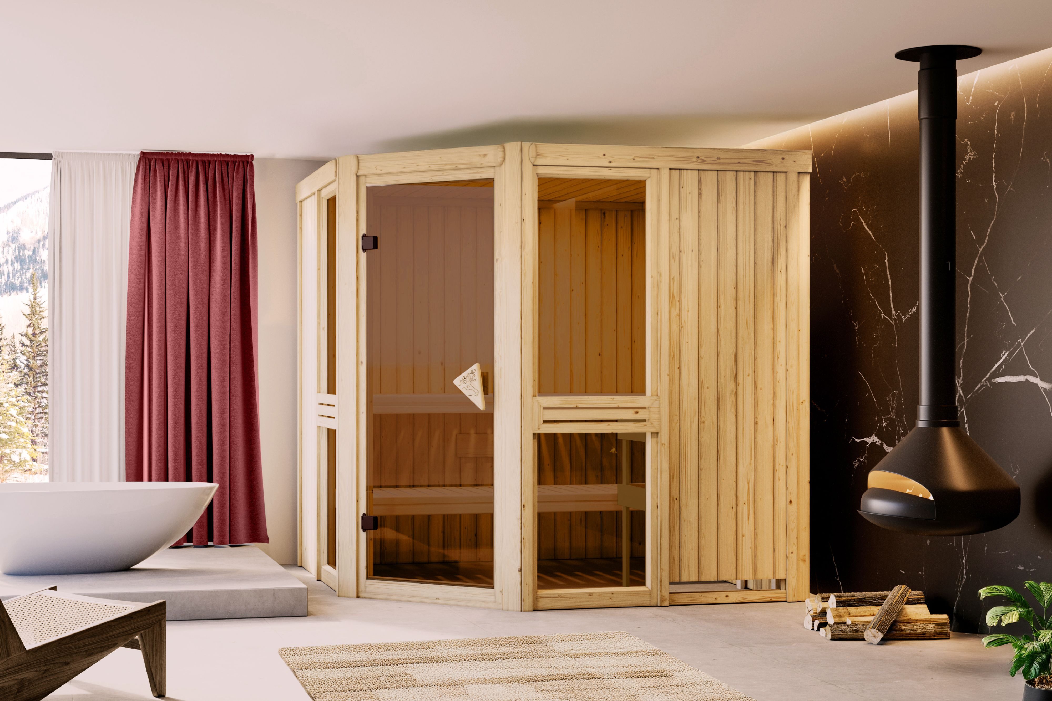 Karibu Sauna "Agneta 2" naturbelassen, BxTxH: 196 x 196 x 198 cm, 68 mm, aus hochwertiger nordischer Fichte und 9 kW Ofen mit integr. Steuerung