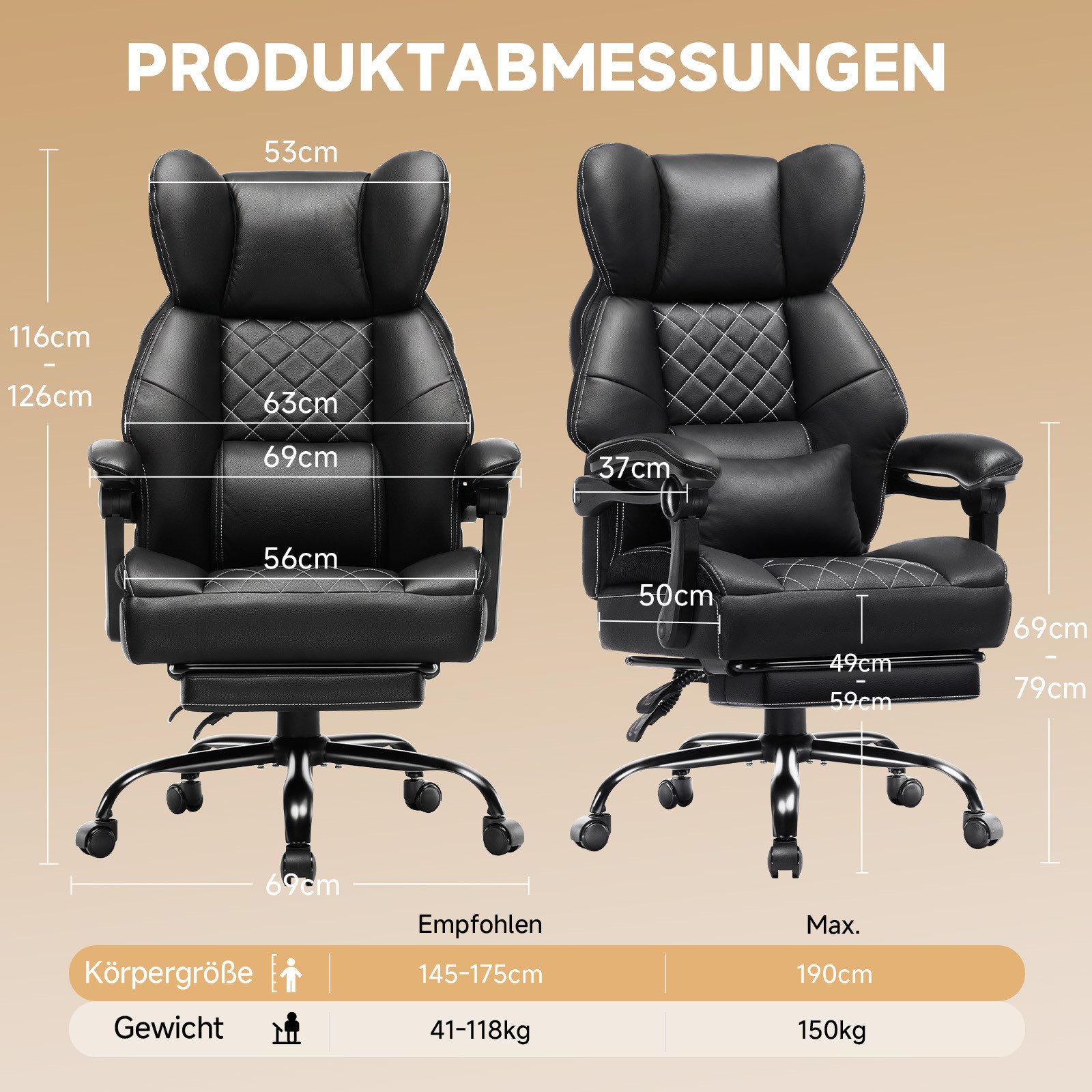 GTPLAYER Gaming-Stuhl Ergonomischer Bürostuhl mit Fußstütze und Lendenstütze Chefsessel, breiter Computersessel, Höhenverstellbar, Federkernsitz – Bild 4 von 5