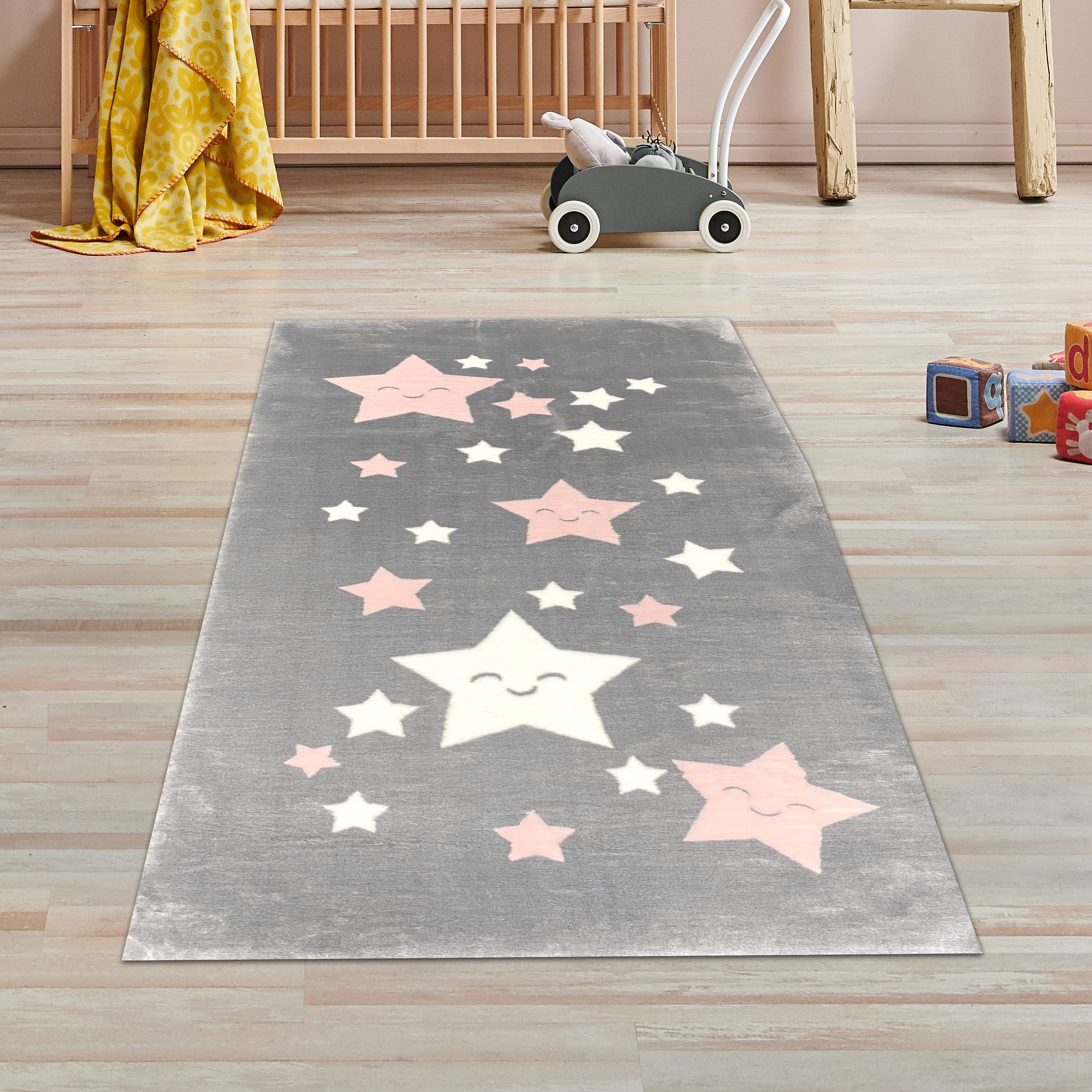 TeppichHome24 Kinderteppich Weicher Kinderzimmer-Teppich mit Stern-muster, anthrazit rosa, rechteckig, Höhe: 18 mm