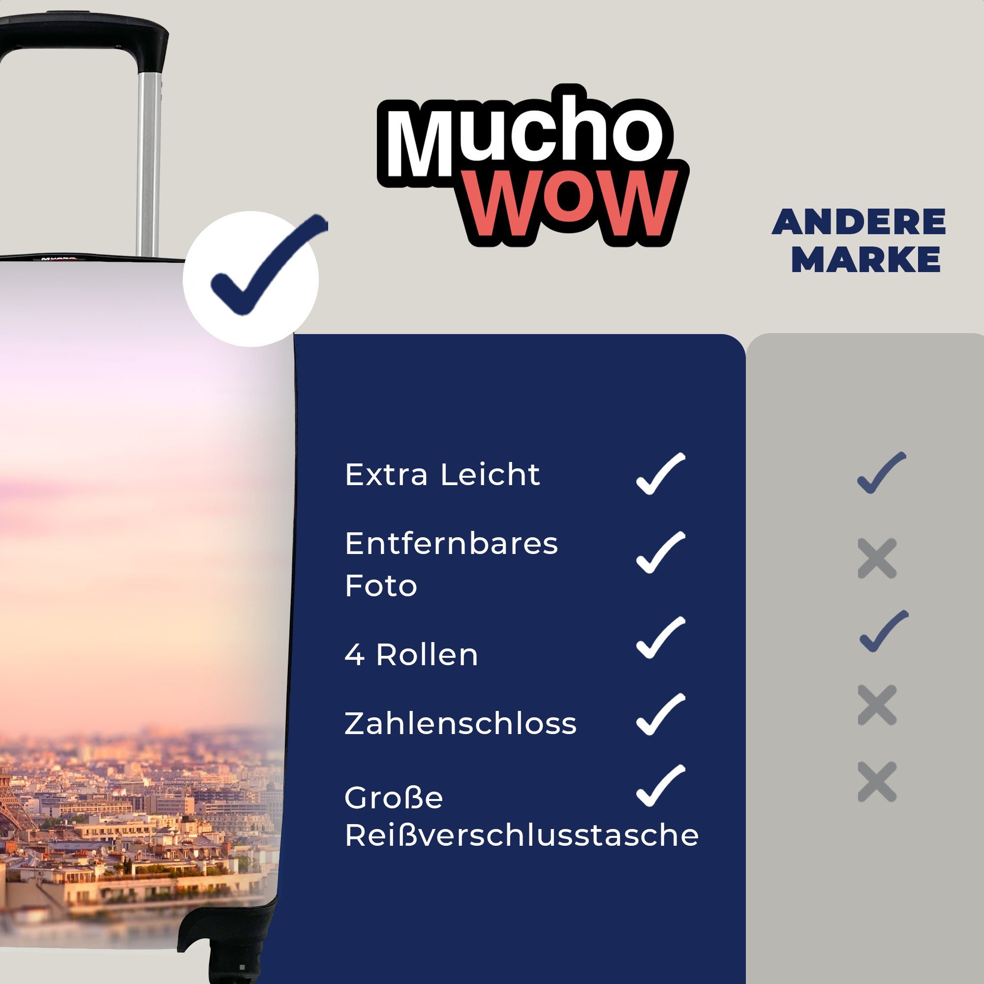 Trolley, Eiffelturm für Himmel, Handgepäck Reisekoffer Ferien, Paris rollen, 4 Rollen, - MuchoWow mit - Reisetasche Handgepäckkoffer