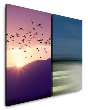 Sinus Art Leinwandbild 2 Bilder je 60x90cm Vögel Himmel Fliegen Freiheit Horizont Sonnenuntergang Wolken