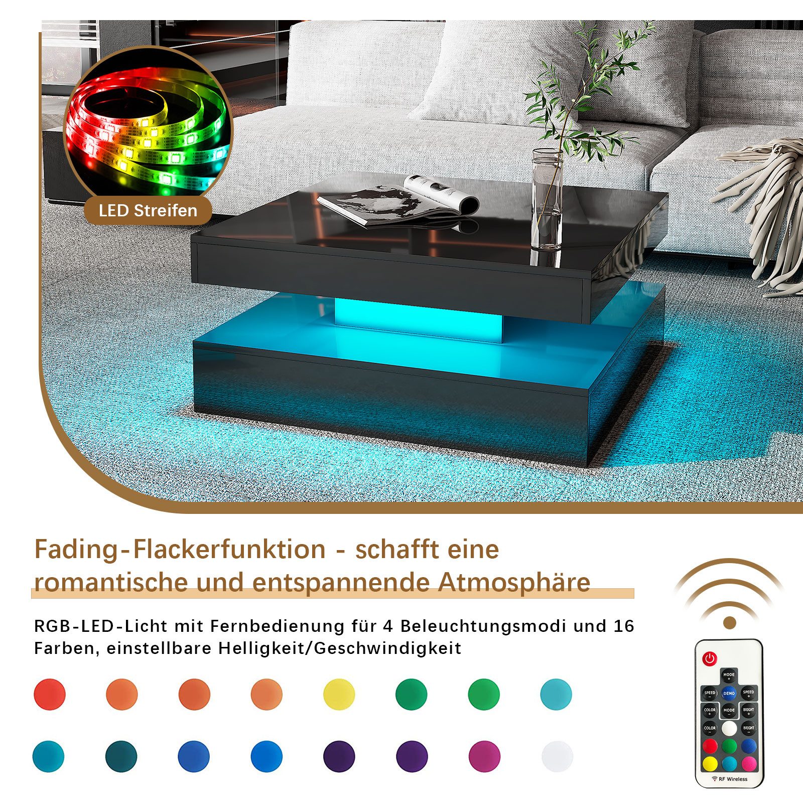 radelldar Couchtisch Quadratisch LED-Beleuchtung 2-in-1 (1-St), Moderner Wohnzimmertisch 78x78 cm mit Fernbedienung – Bild 5 von 5