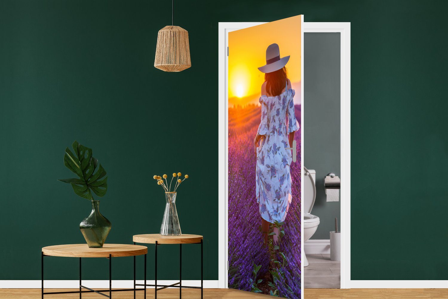cm Tür, Matt, Lavendel Fototapete Türtapete - 75x205 für MuchoWow Sonnenuntergang, Türaufkleber, bedruckt, - Frau (1 St),