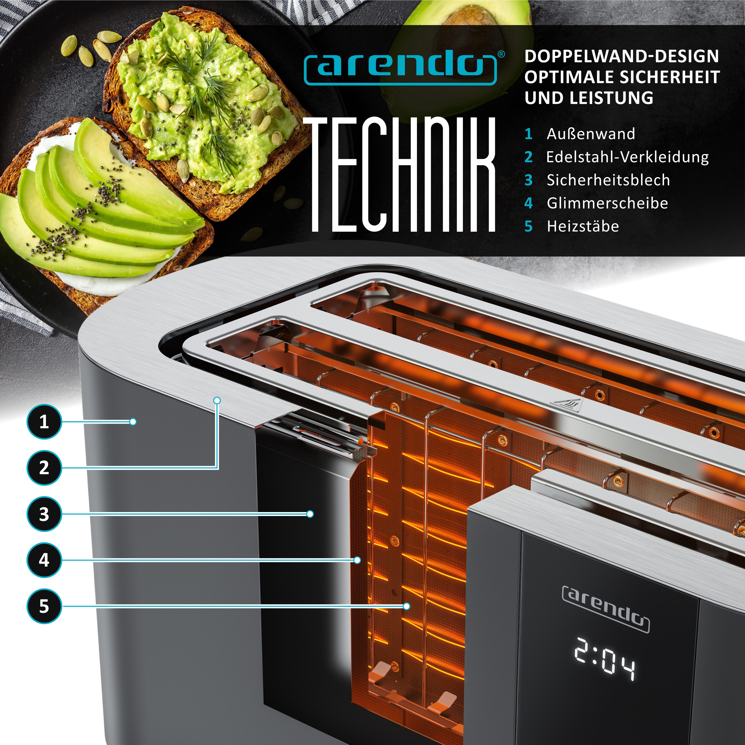Arendo Toaster Edelstahl, Langschlitz, Touch Display, Restzeit & Bräunungsgradanzeige, 2 lange Schlitze, für 4 Scheiben, 1500 W, Brötchenaufsatz, Wärmeisoliert, Toast-Symbole für Bräunungsgradauswahl