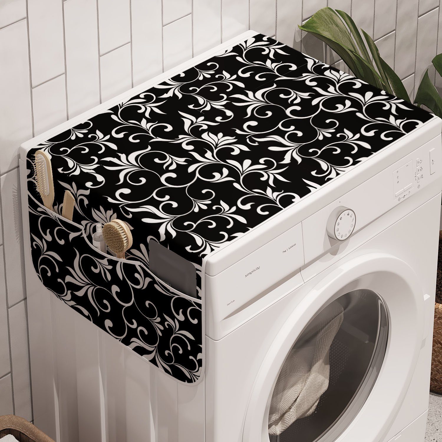 Abakuhaus Badorganizer Anti-Rutsch-Stoffabdeckung für Waschmaschine und Trockner, Schwarz und weiß Wirbelt Blätter Laub