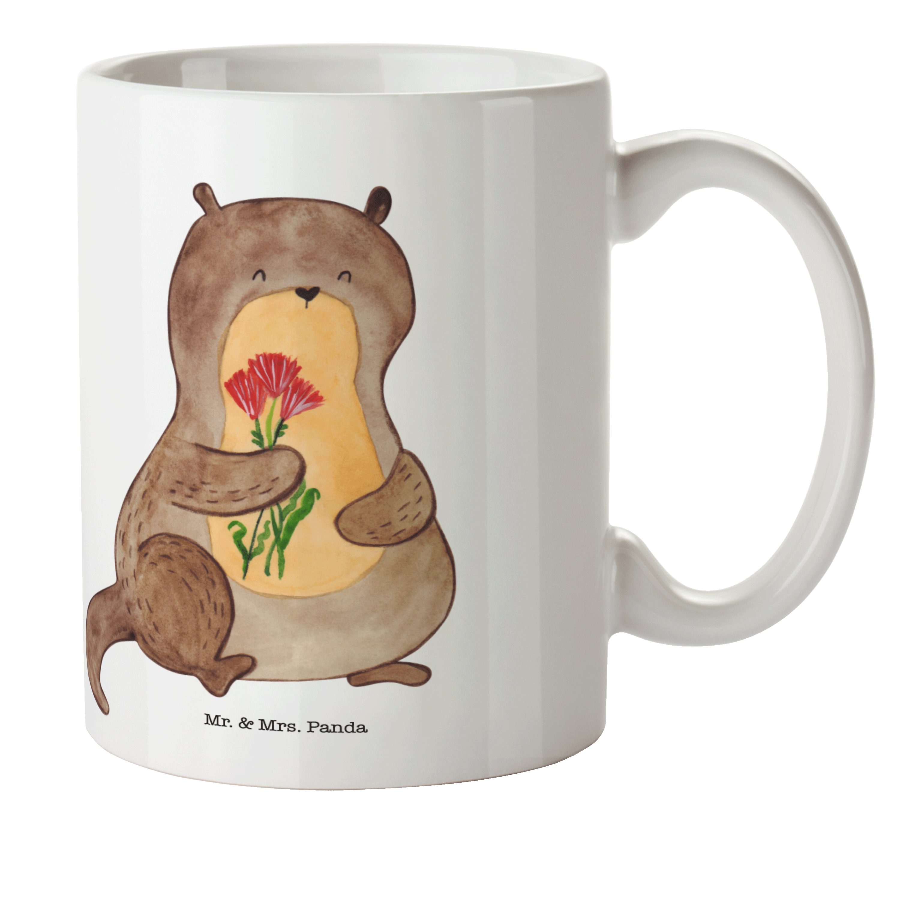 Mr. & Mrs. Panda Kinderbecher Weiß Geschenk, Tasse, Kunststoff Kaffeetasse, Fischotter, - - Otter Blumenstrauß